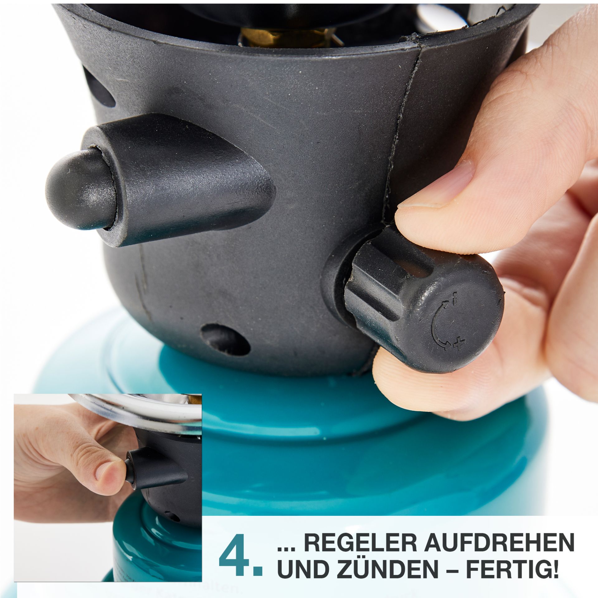 Regler am TOM GK-190 Gaskocher aufdrehen und Zündung drücken