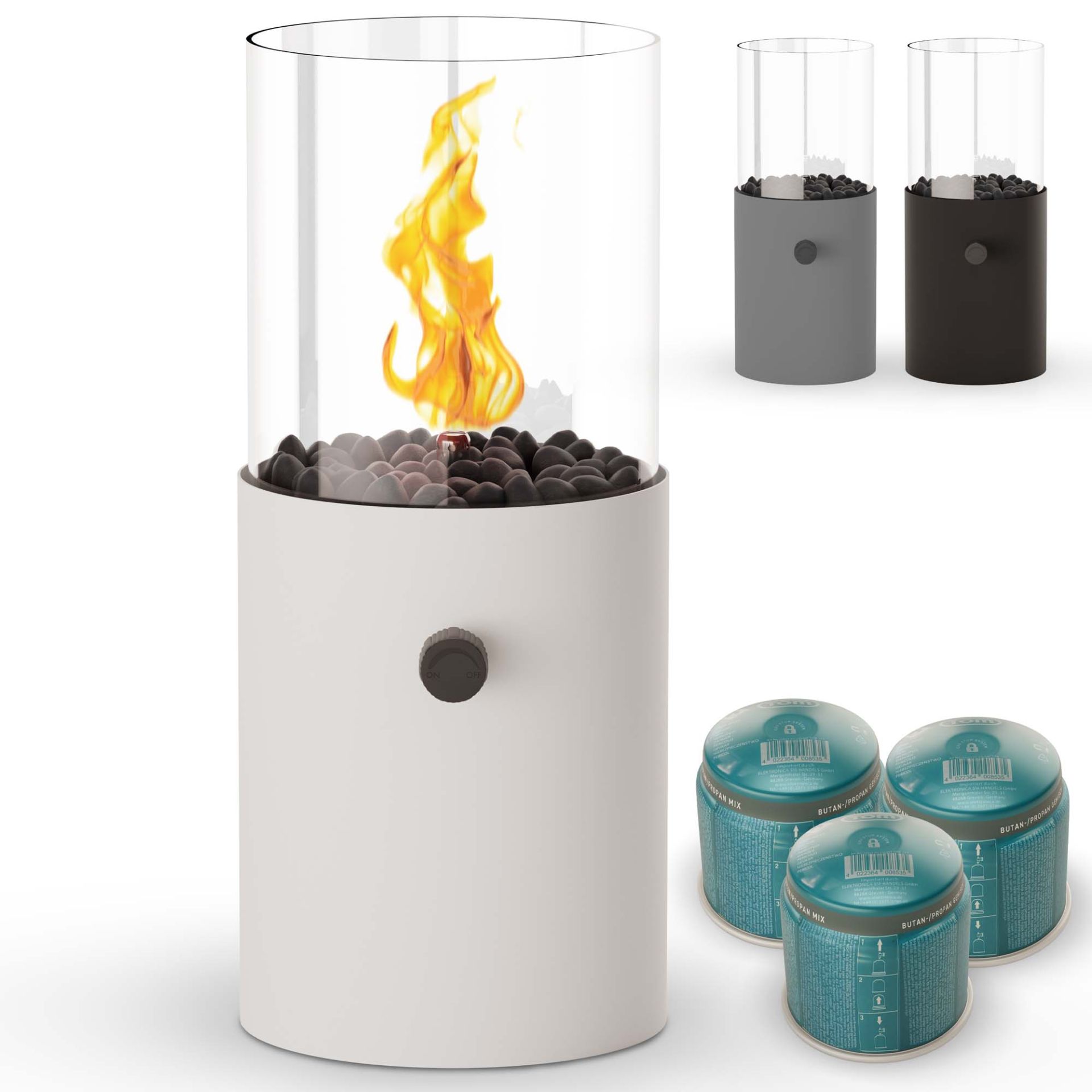 Tischkamin in Weiß mit Zubehör: Gaskartuschen und Farbvarianten in Grau und Schwarz Tischkamin in Weiß mit Zubehör: Gaskartuschen und Farbvarianten in Grau und Schwarz