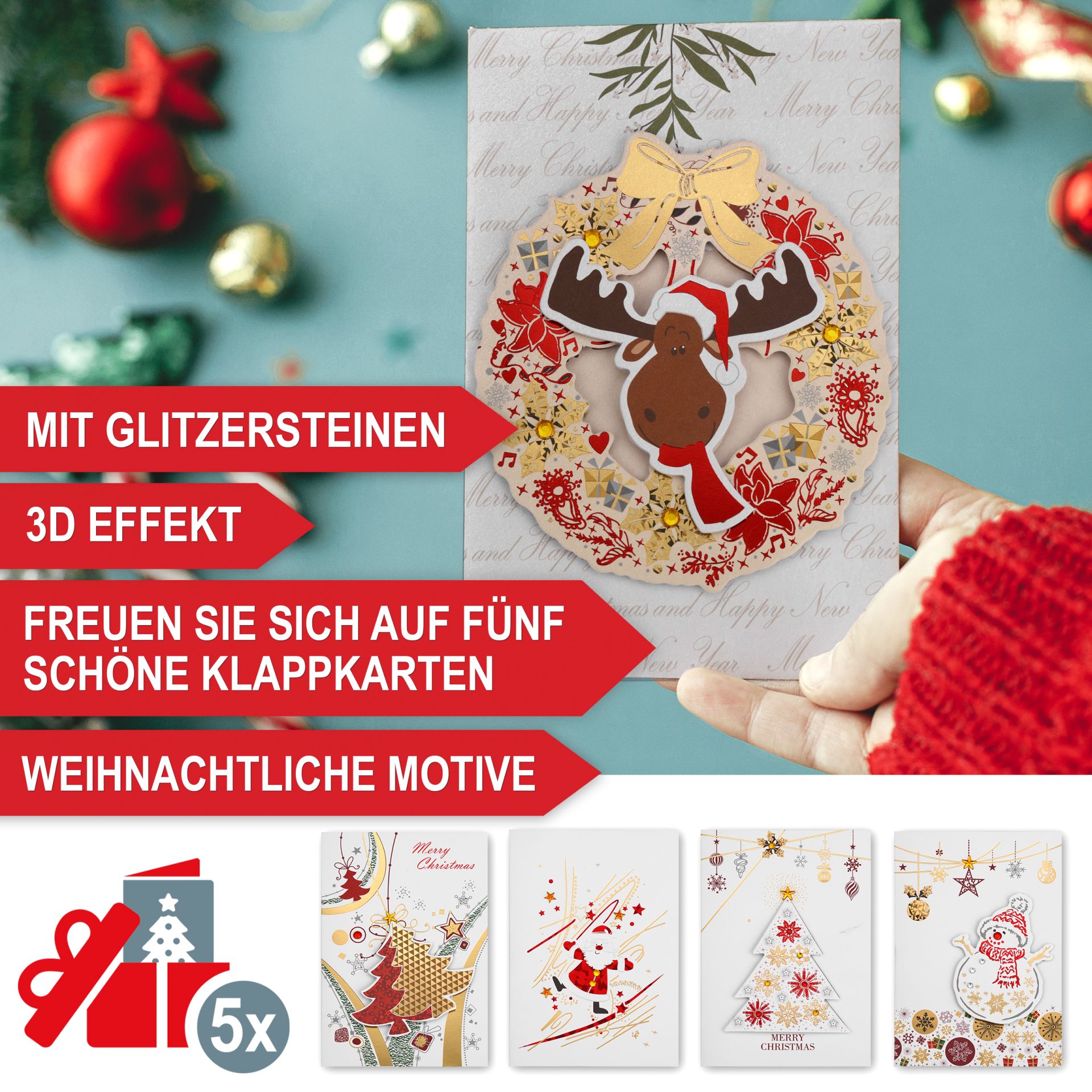 Weihnachtsgirlande 10m - Mit Glitzersteine, 3D-Effekt, Klappkarten mit weihnachtlichen Motiven