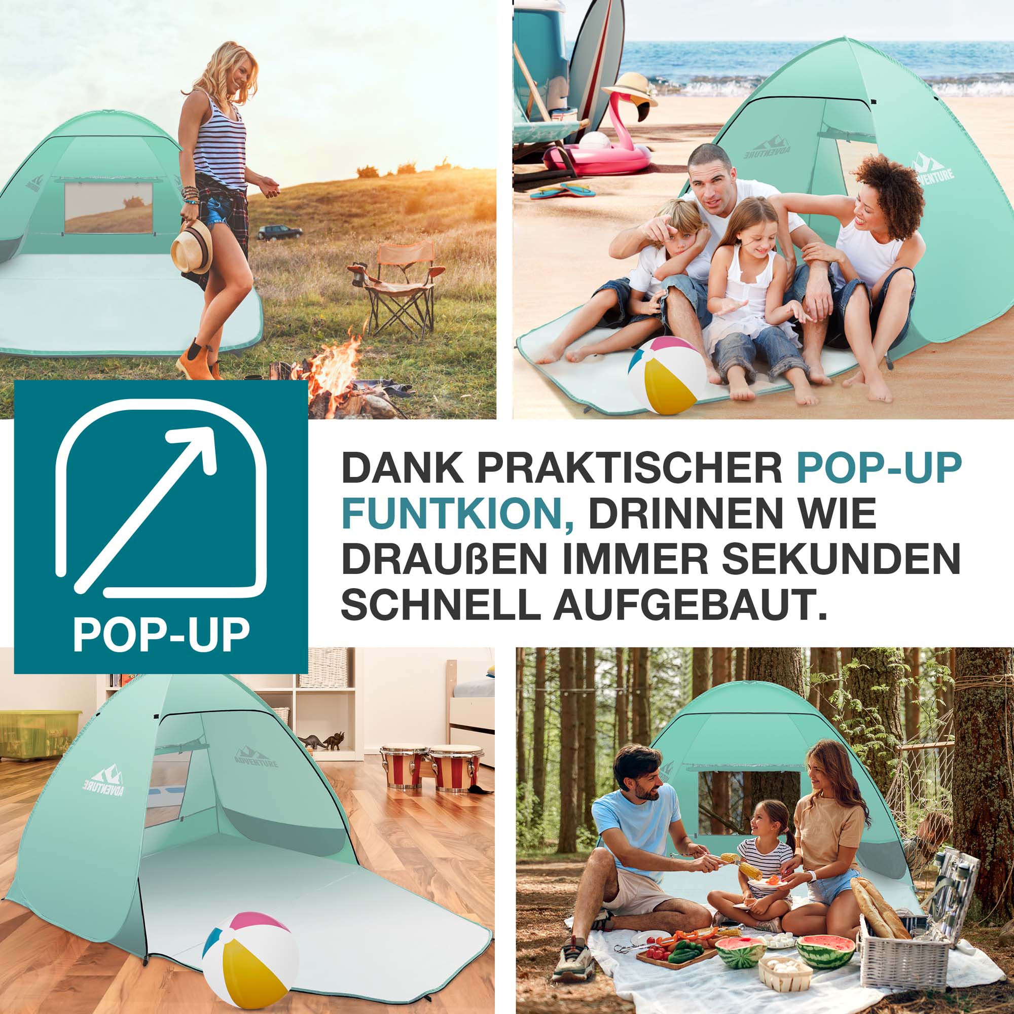 Praktische Pop-Up Funktion für schnellen Aufbau der grünen Strandmuschel ideal für verschiedene Umgebungen wie Strand Wohnzimmer oder Wald