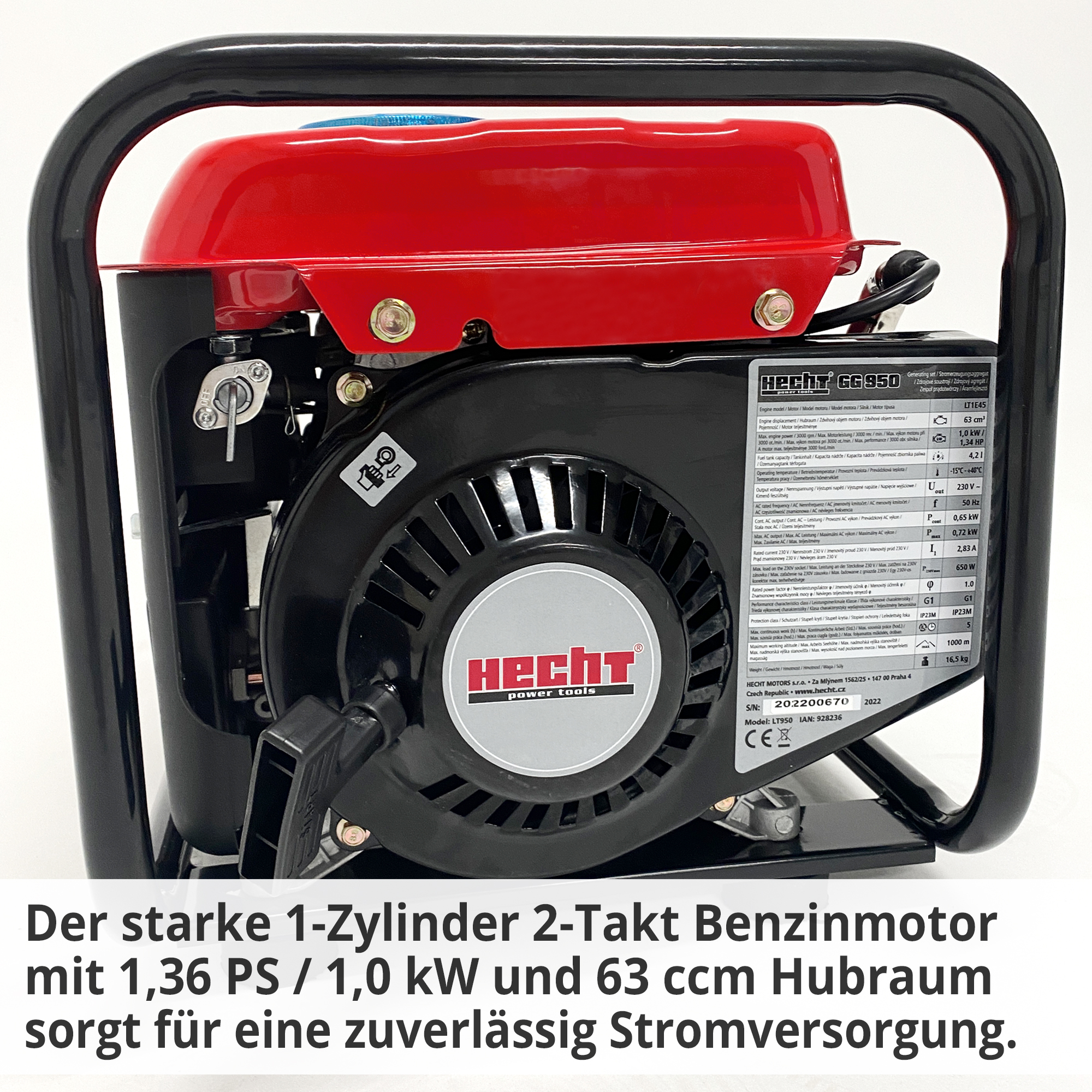 Hecht GG 950 Notstromaggregat 2 Takt Gerät; Der starke 1-Zylinder 2-Takt Benzinmotor mit großem Hubraum sorgt zuverlässig für die Stromversorgung