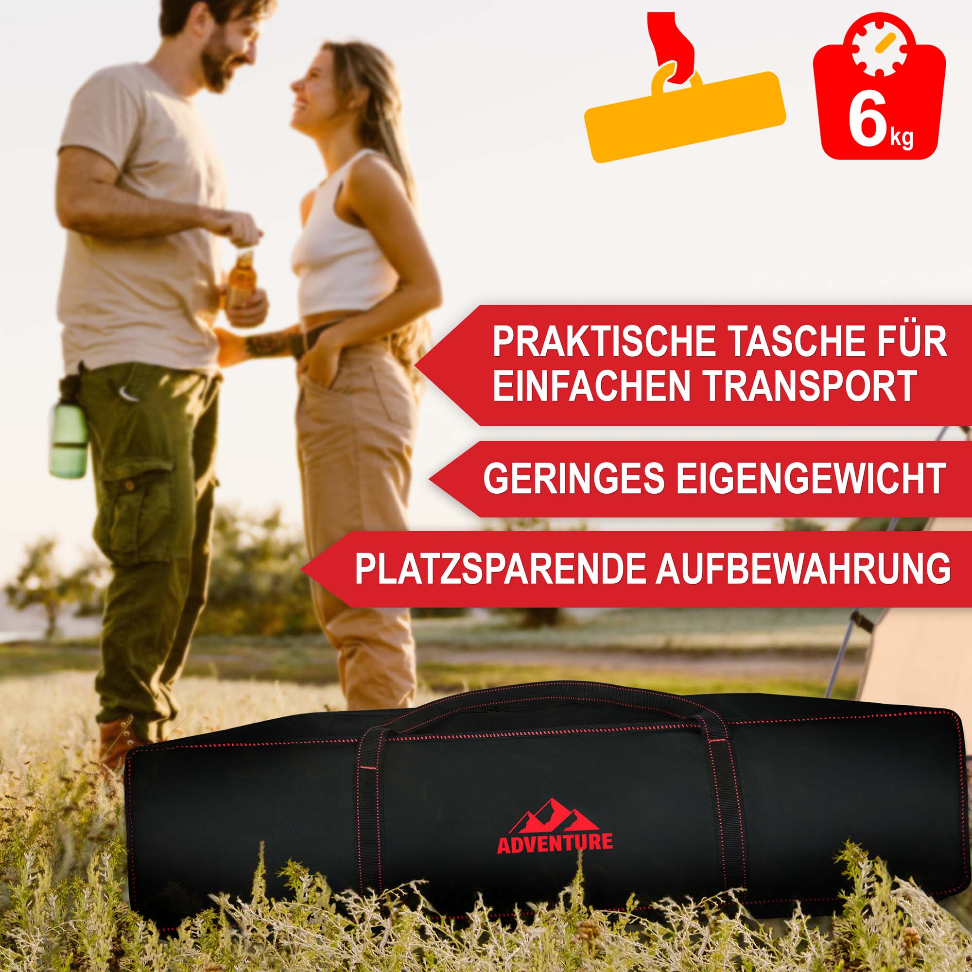 Campingstuhl schwarz/rot - Praktische Tasche für einfachen Transport, geringes Eigengewicht, platzsparende Aufbewahrung