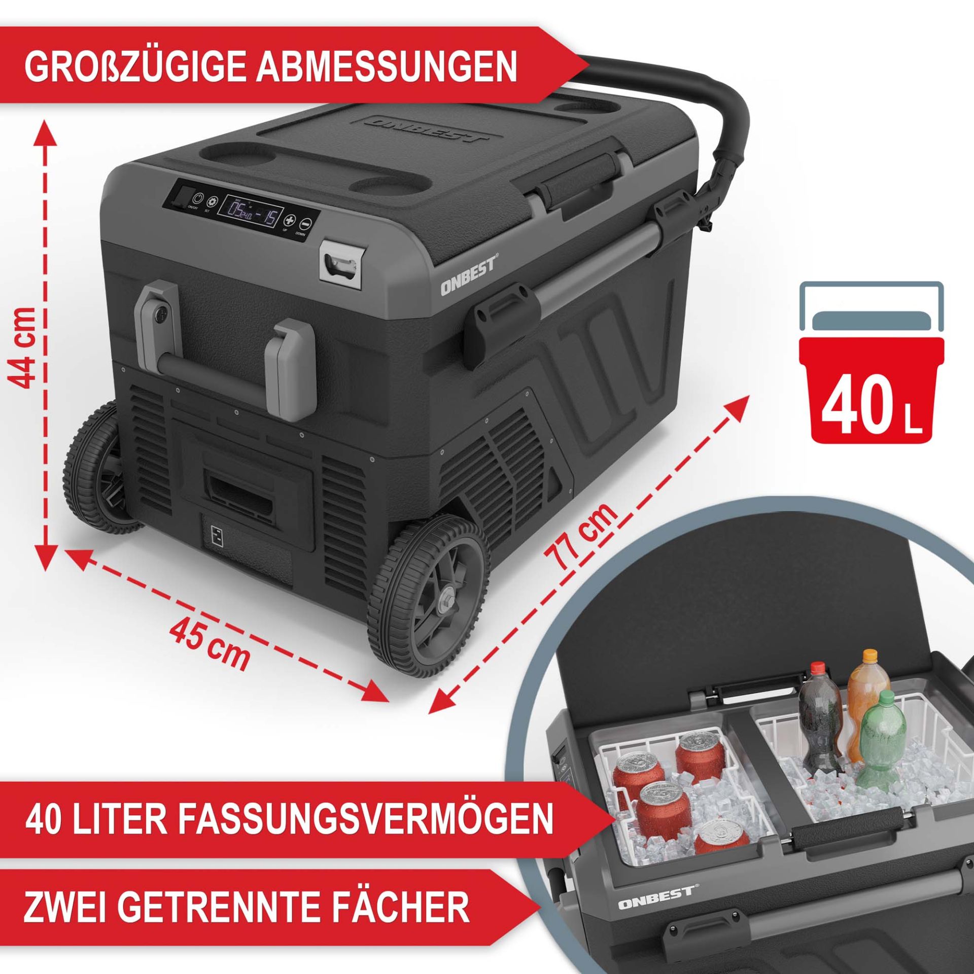 Kompressor Kühlbox 40L - Großzügige Abmessung; 40 Liter Fassungsvermögen; 2 getrennte Fächer