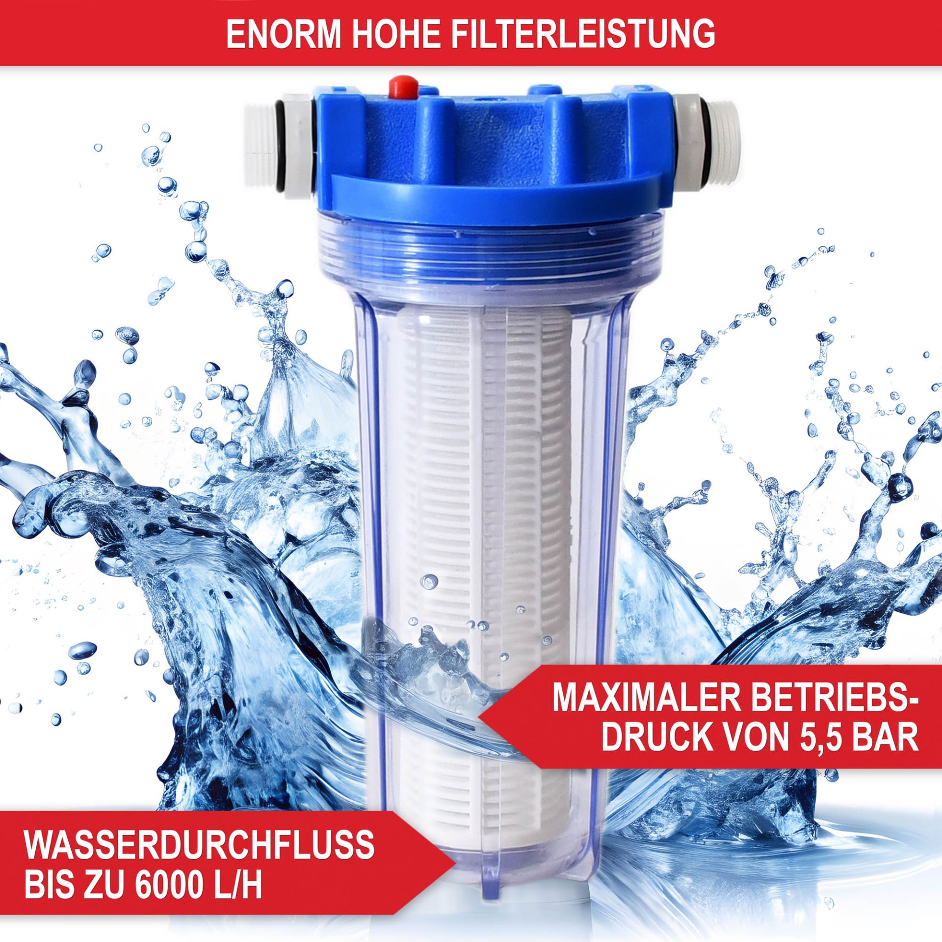 Wasserfilter WF-6055 mit enorm hoher Filterleistung; maximaler Betriebsdruck von 5,5 Bar; Wasserdurchfluss bis zu 6000L/H