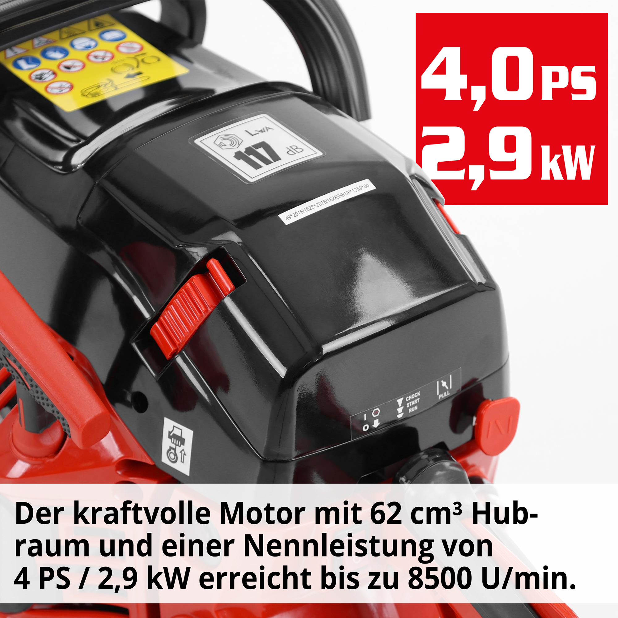 HECHT Motorsäge 62 Motorsäge mit kraftvollem Motor mit 62 ccm Hubraum, 4 PS / 2,9 Nennleistung und 8500 U/min
