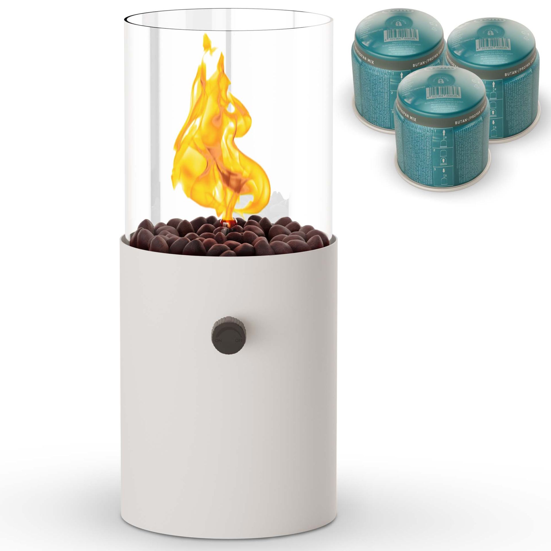 Tischkamin mit Gasbetrieb in Weiß mit Dekosteinen und 3 Gaskartuschen als Zubehör-Set