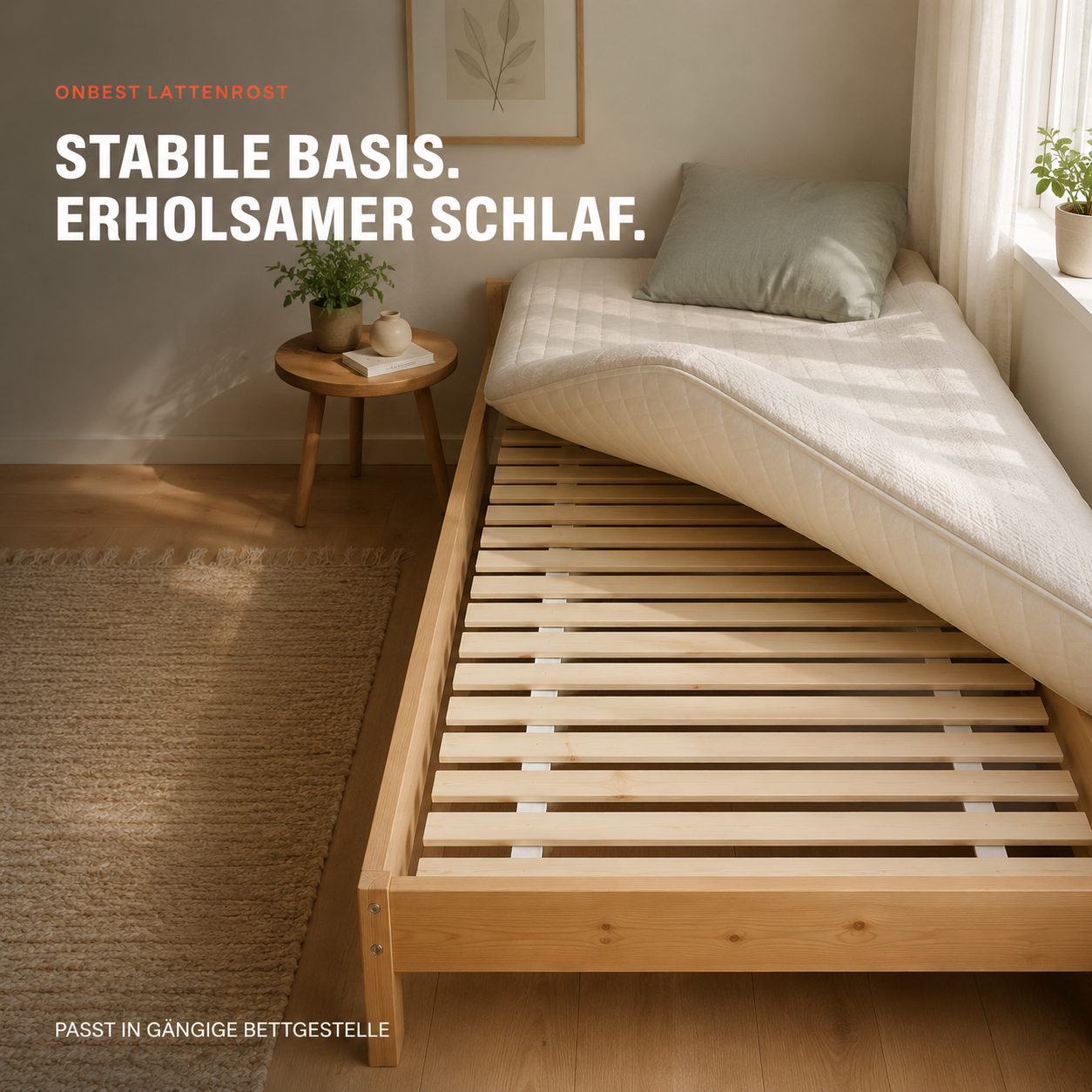 ONBEST Lattenrost für erholsamen Schlaf, liegend im Holzbett (Dieses Bild wurde mit Hilfe von KI generiert.)