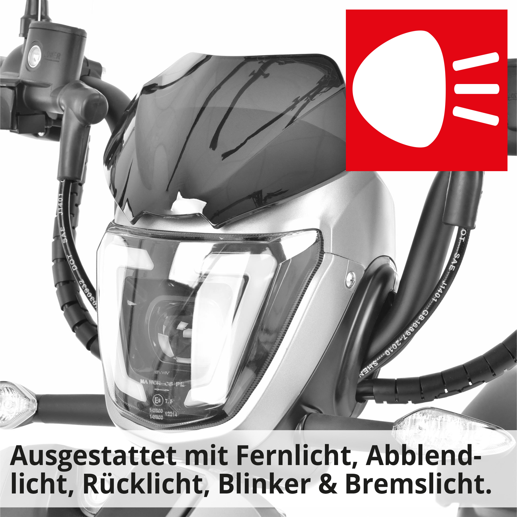 Hecht BETIS Silver E-Mofa ausgestattet mit Fernlicht, Abblendlicht, Rücklicht, Blinker und Bremslicht
