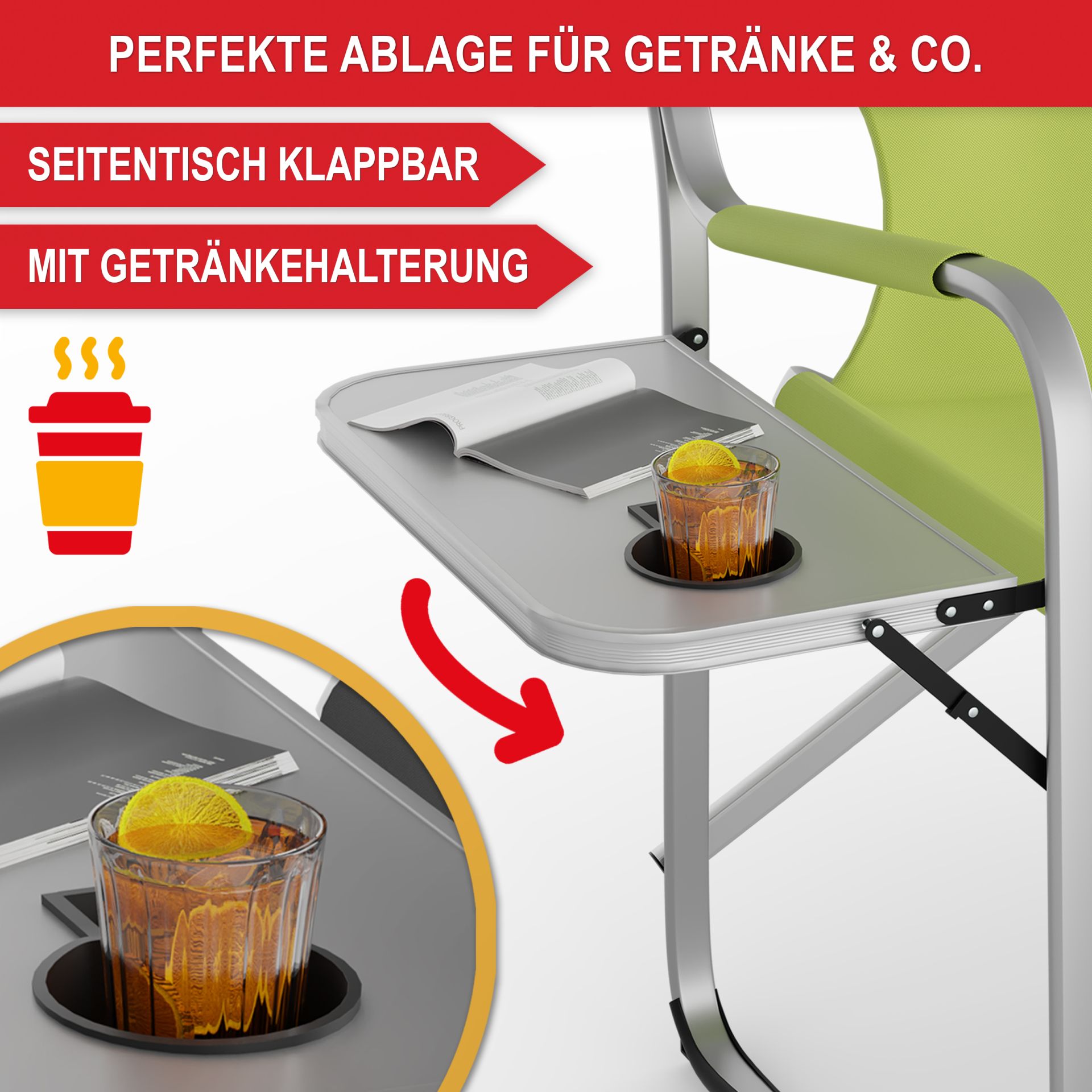 Campingstuhl mit Kühltasche grün - Perfekte Ablage für Getränke und weiteres; Seitentisch klappbar, mit Getränkehalterung