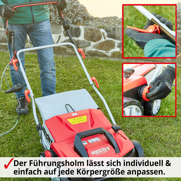 Vertikutierer; Führungsholm lässt sich individuell an jede Körpergröße anpassen Vertikutierer; Führungsholm lässt sich individuell an jede Körpergröße anpassen