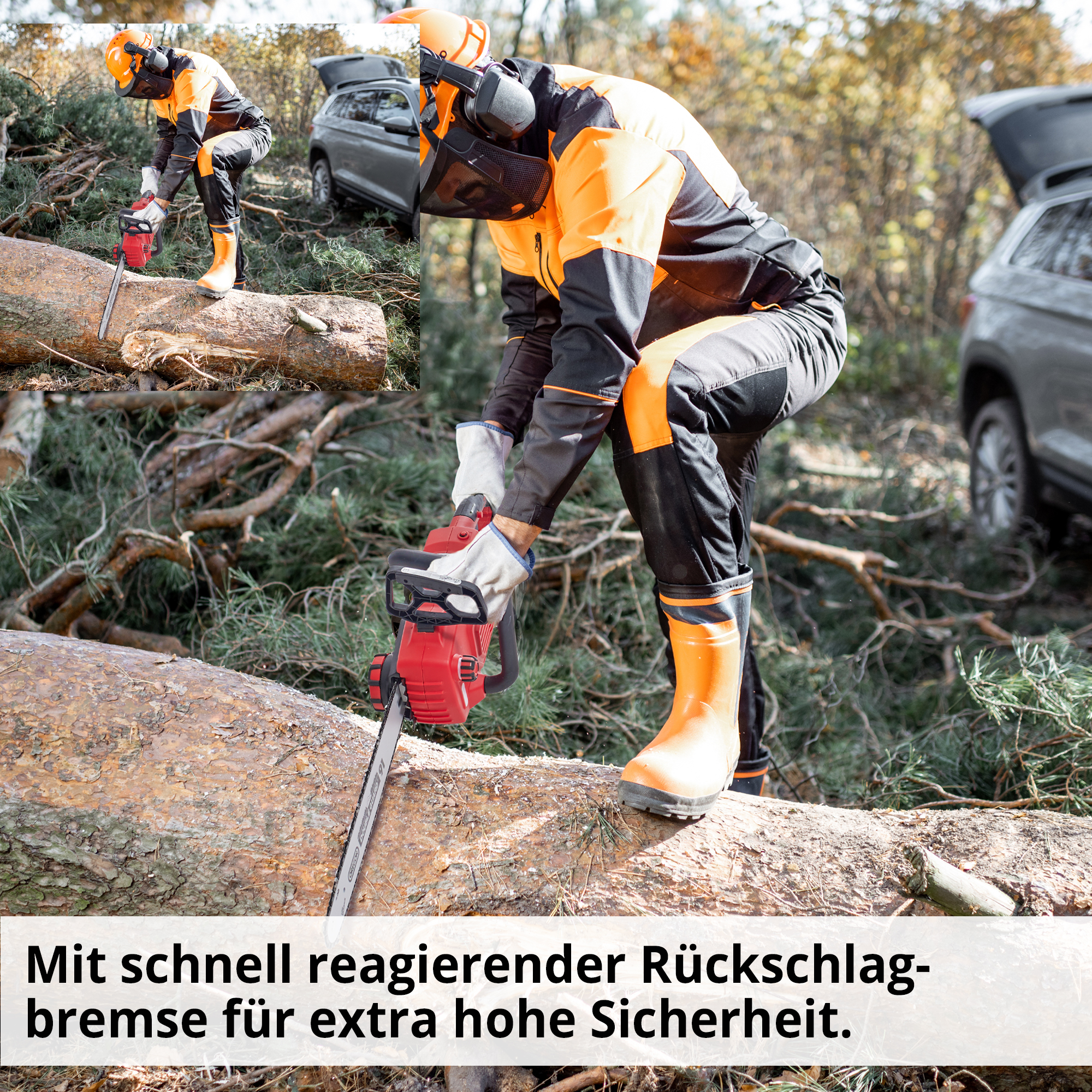 Elektro Kettensäge Sicherheit Rückschlagbremse Kettenbremse Holzarbeit Wald Einsatz Milieu