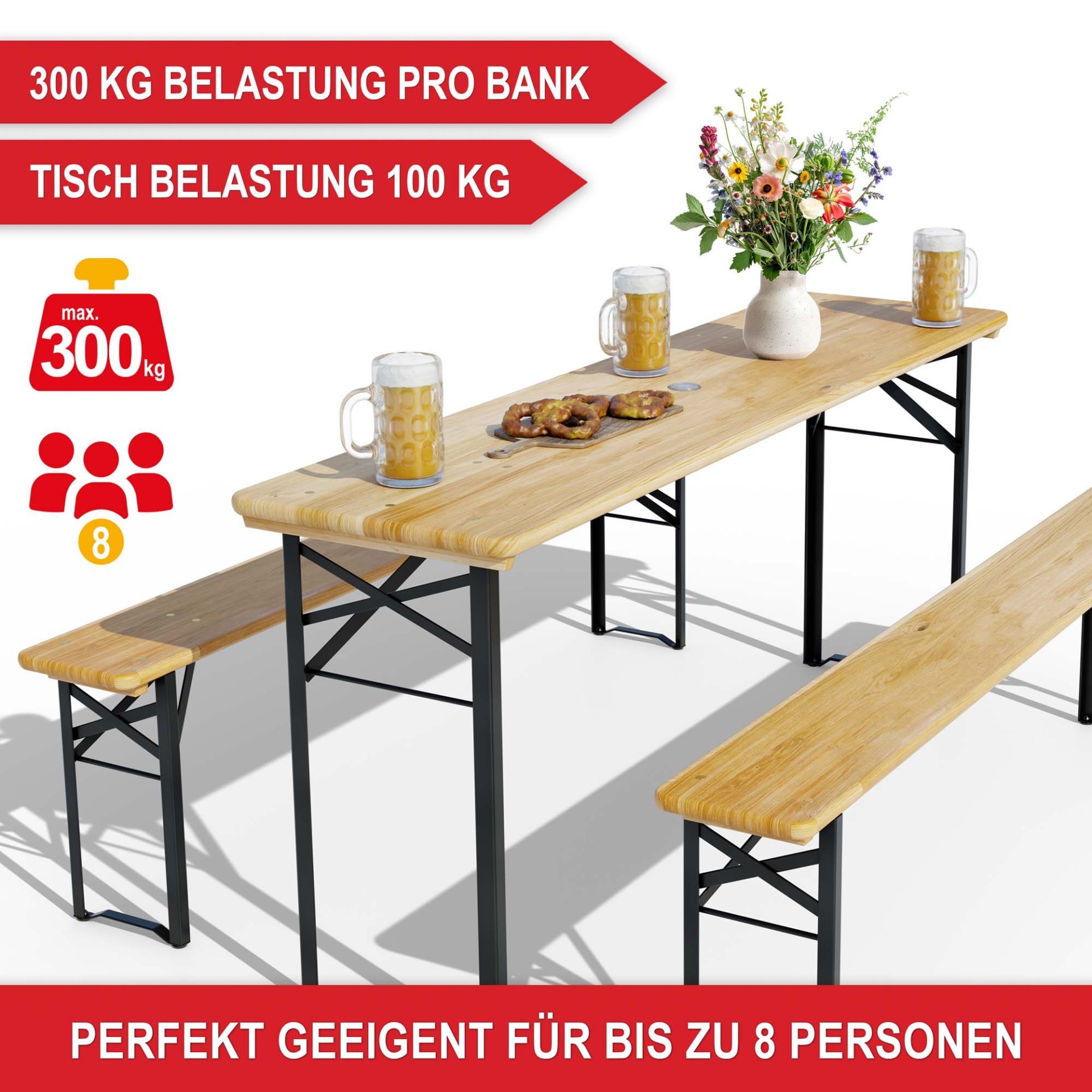 Bierzeltgarnitur Bavaria - Große Belastung, perfekt geeignet für 8 Personen