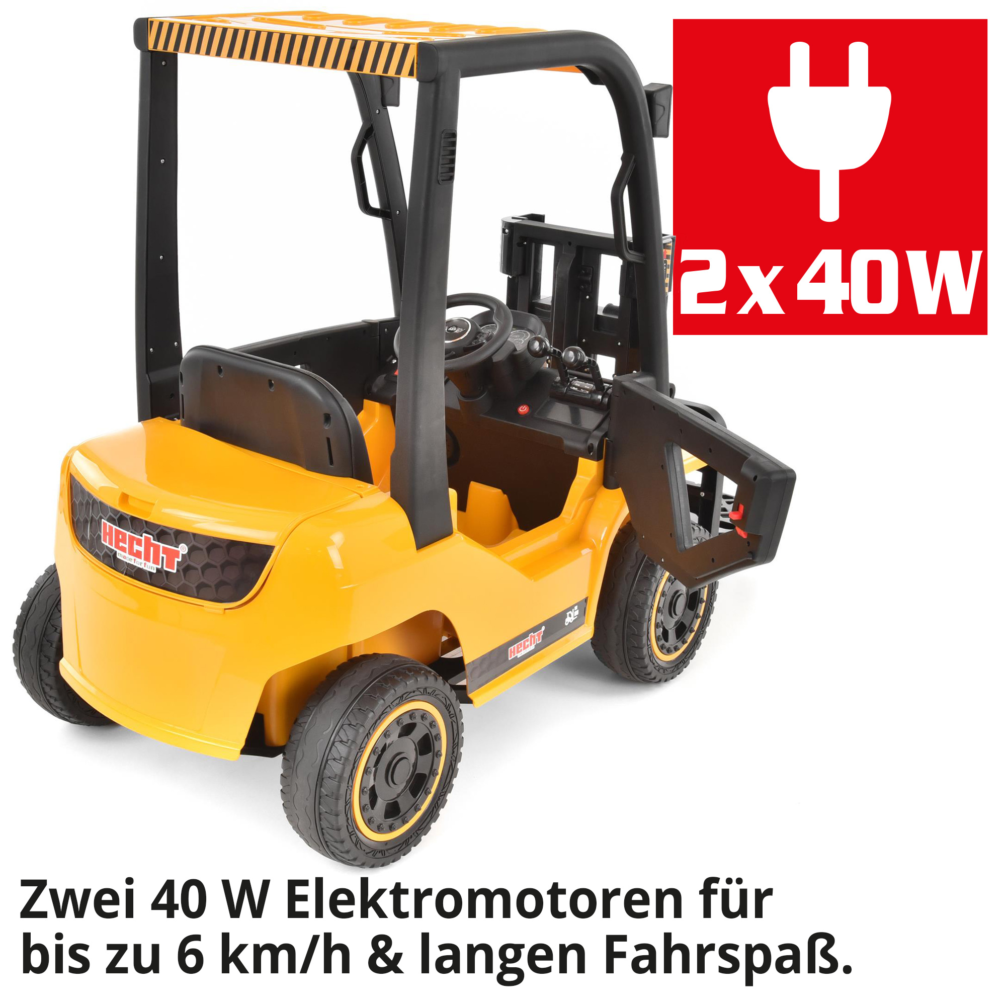 Hecht 52108YELLOW Kinder Elektro Gabelstapler Gelb mit 2 Elektromotoren für bis zu 6km/h und langen fahrspaß