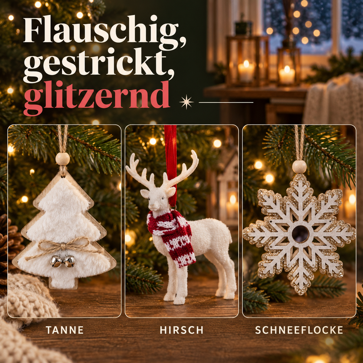 Weihnachtsanhänger Holz: Flauschige, gestrickte und glitzernde Details (Dieses Bild wurde mit Hilfe von KI generiert.)