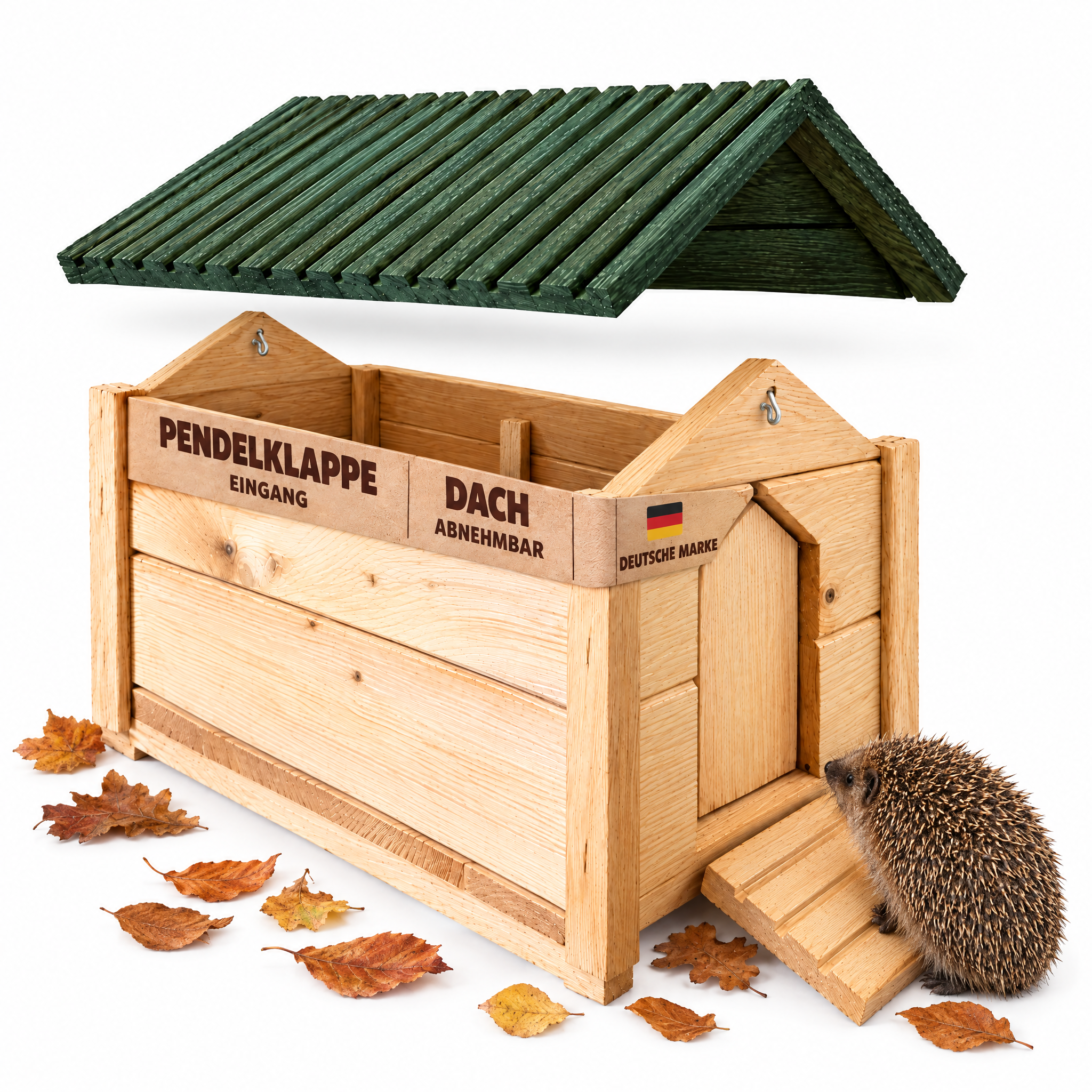 Igelhaus mit abnehmbarem Dach: Holz-Unterschlupf mit Igel auf Rampe (Dieses Bild wurde mit Hilfe von KI generiert.)
