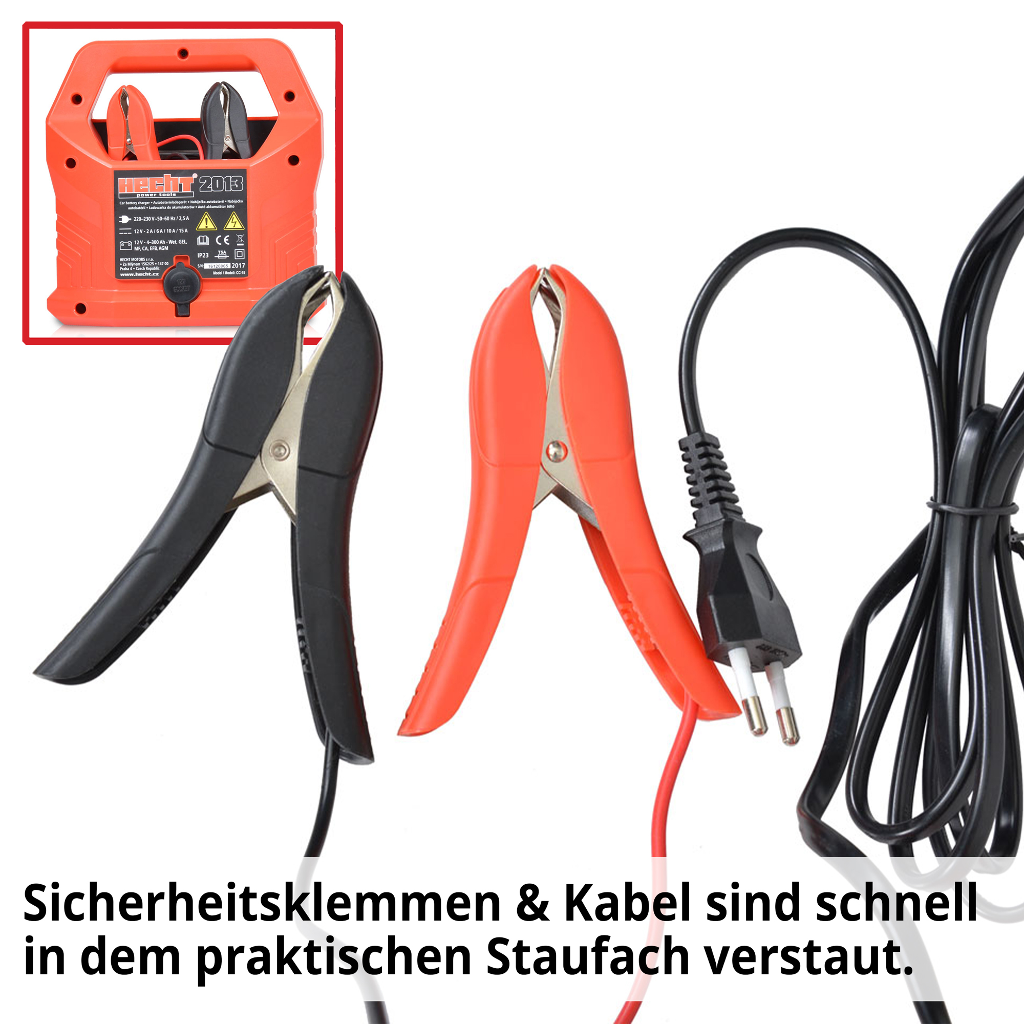 HECHT 2013 Batterieladegerät; Sicherheitsklemmen & Kabel sich schnell in dem praktischen Staufach verstaut