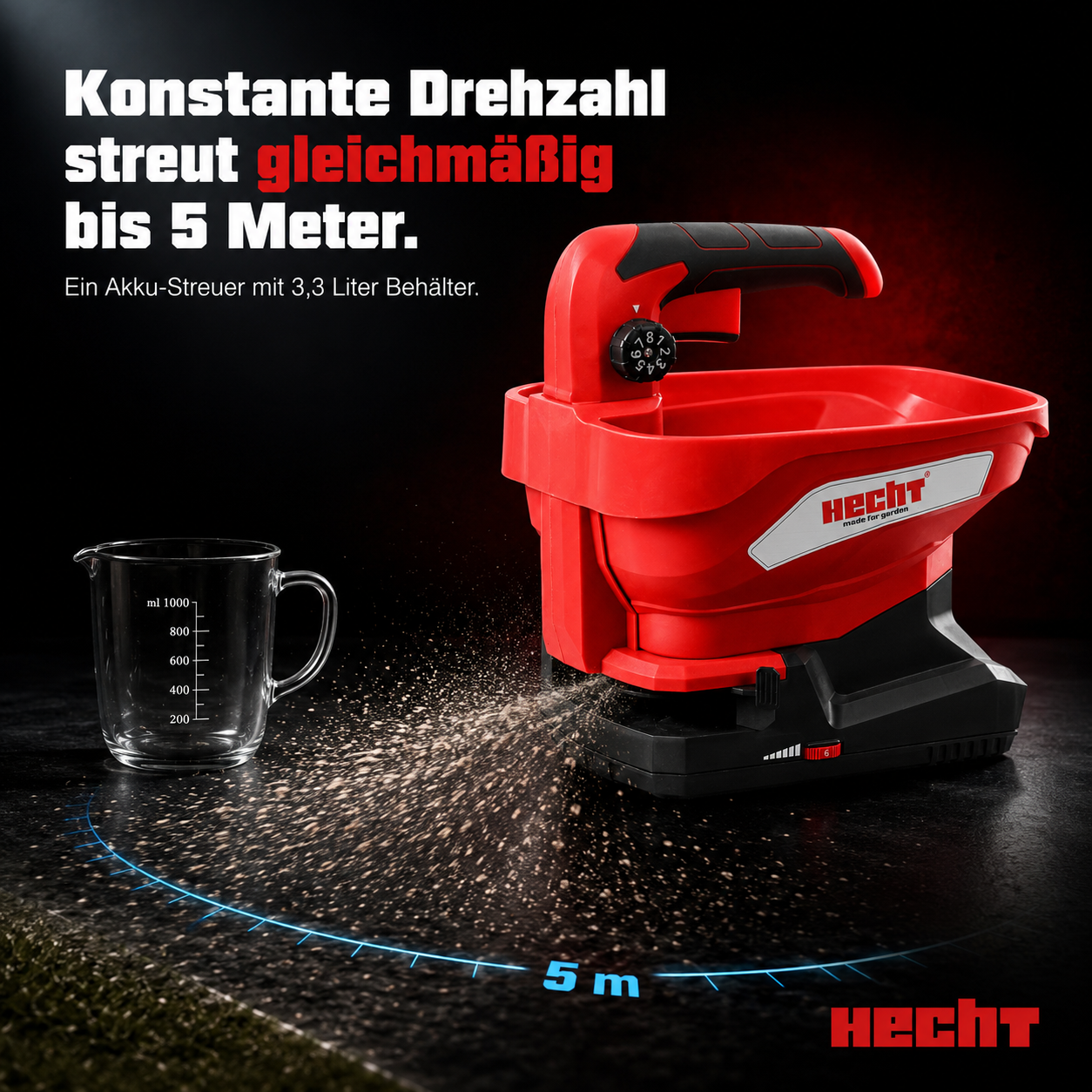 HECHT 207 Akku-Handstreuer im Einsatz mit konstanter Drehzahl für eine gleichmäßige Streubreite von bis zu 5 Metern