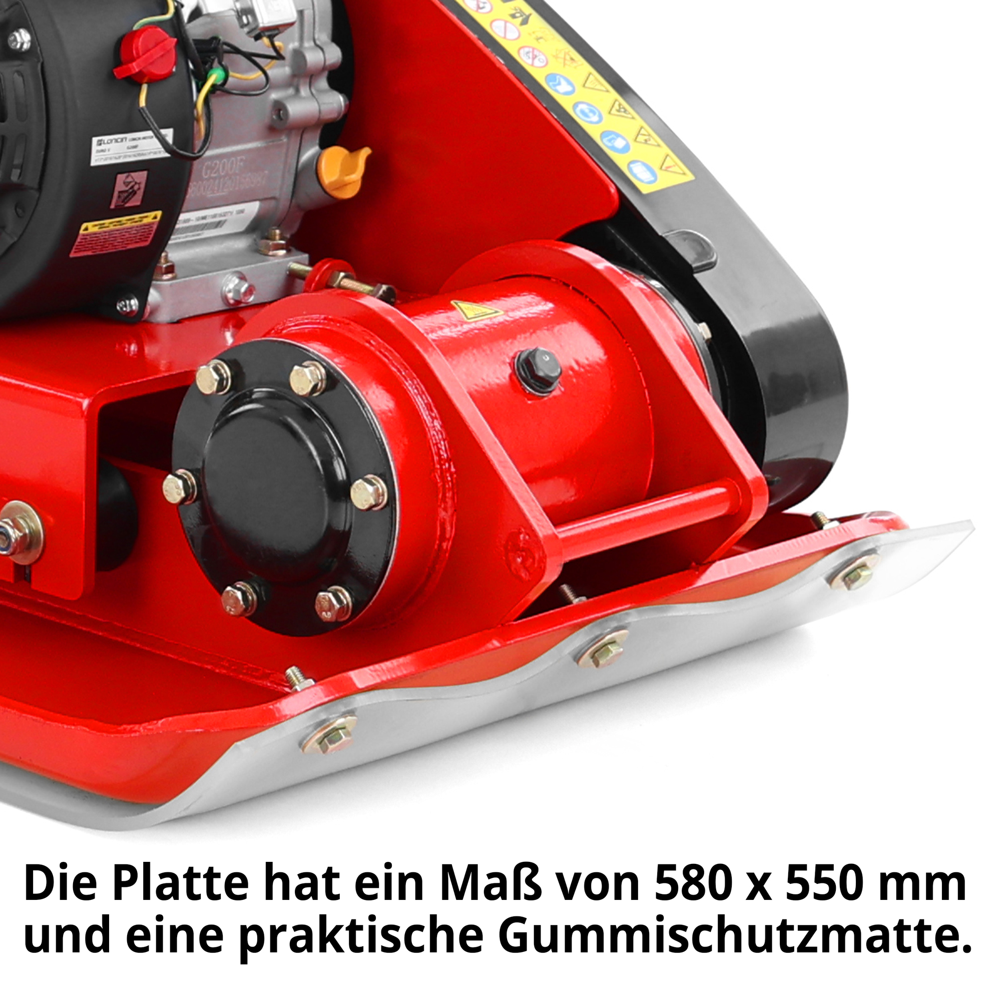 HECHT 1114 Rüttelplatte; Platte hat ein Maß von 580 x 550 mm und eine praktische Gummimatte