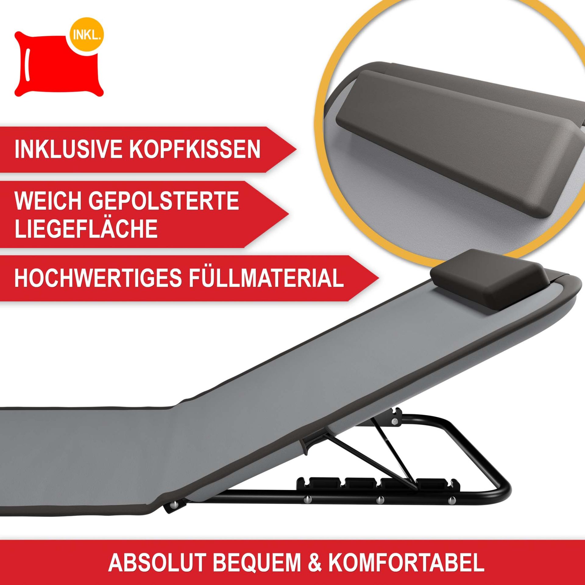 Strandliege grau - Inklusive Kopfkissen, weich gepolsterte Liegefläche, hochwertiges Füllmaterial, absolut komfortabel