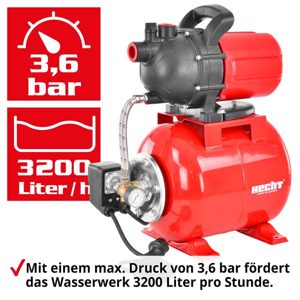 Hauswasserwerk mit 3200 l/h Fördermenge bei maximalem Druck von 3,6 bar, seitliche Ansicht