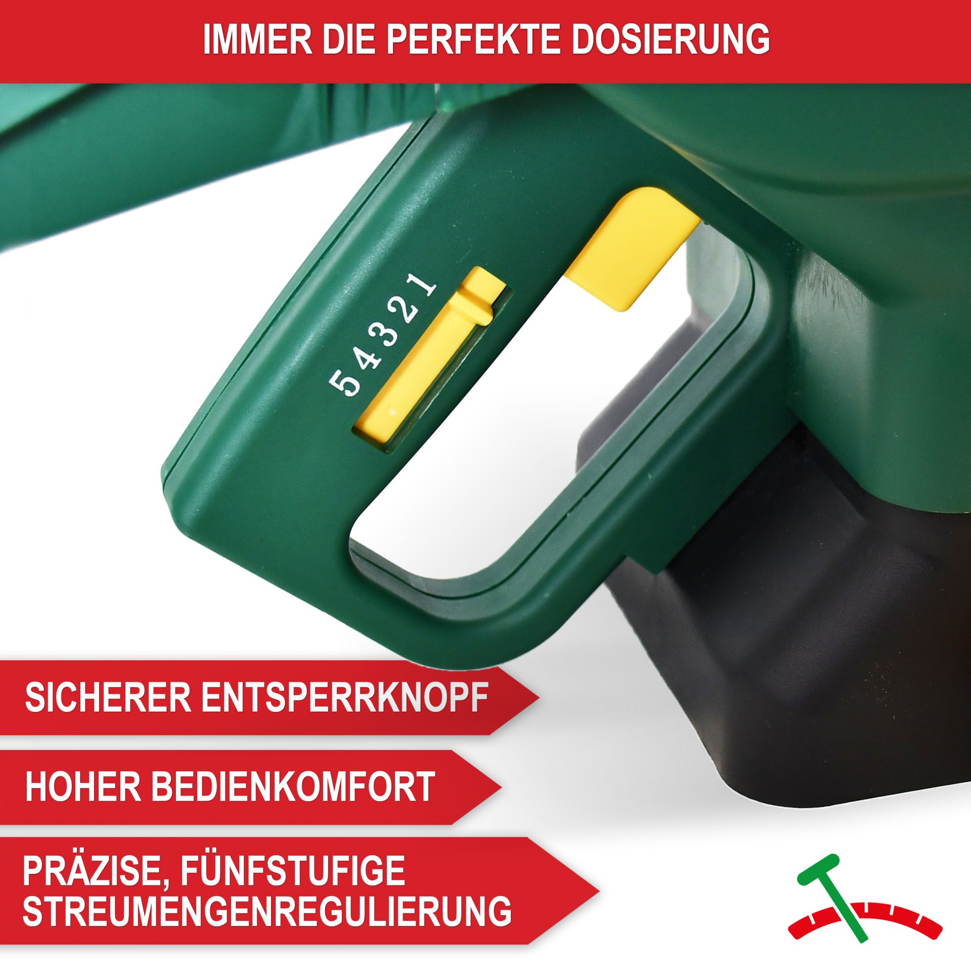 Handstreuer HS30 - Immer die perfekte Dosierung; sicherer Entsperrknopf; hoher Bedienkomfort; präzise, fünfstufige Streumengenregulierung