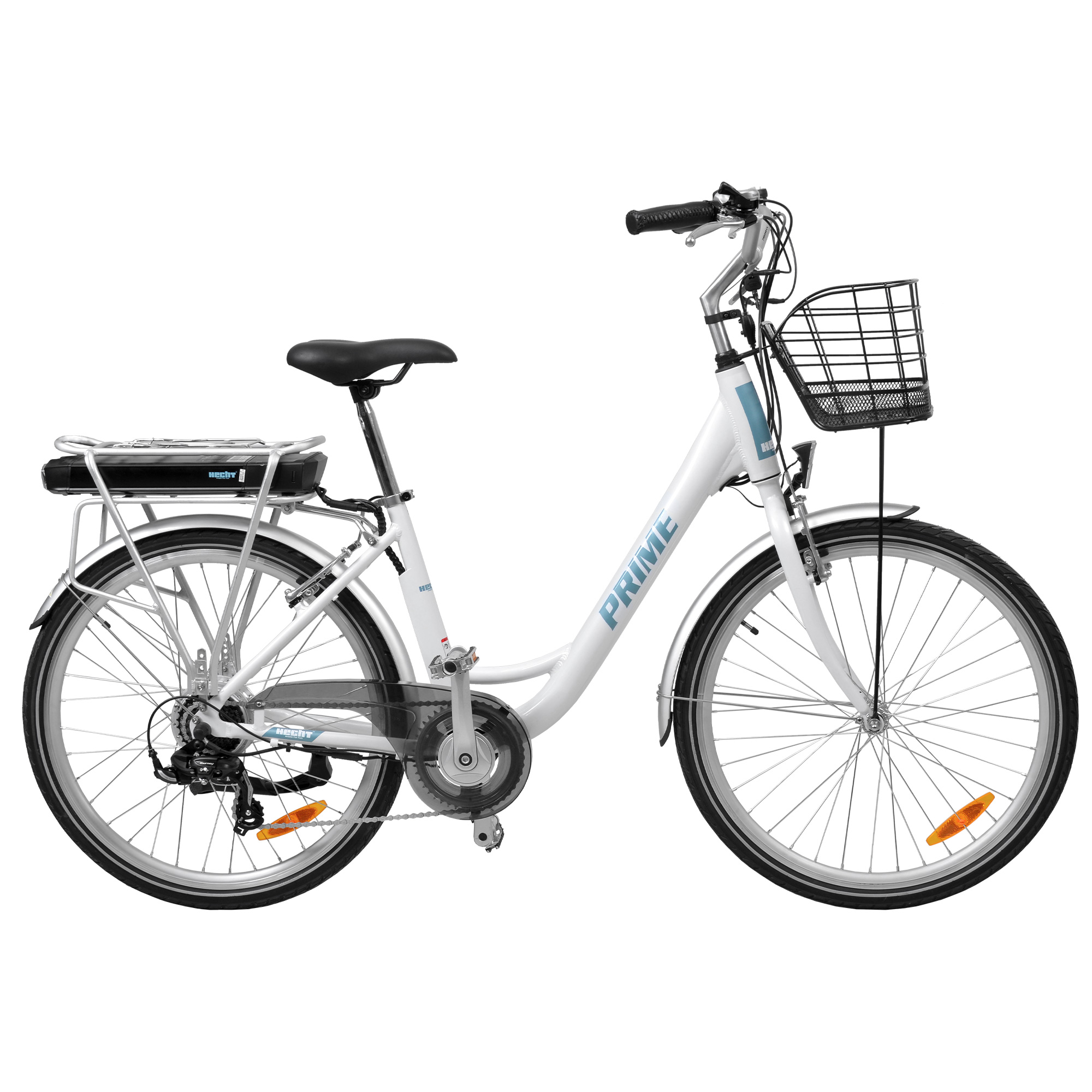 E-Bike mit tiefem Einstieg, Frontkorb und 26 Zoll Reifen in Weiß