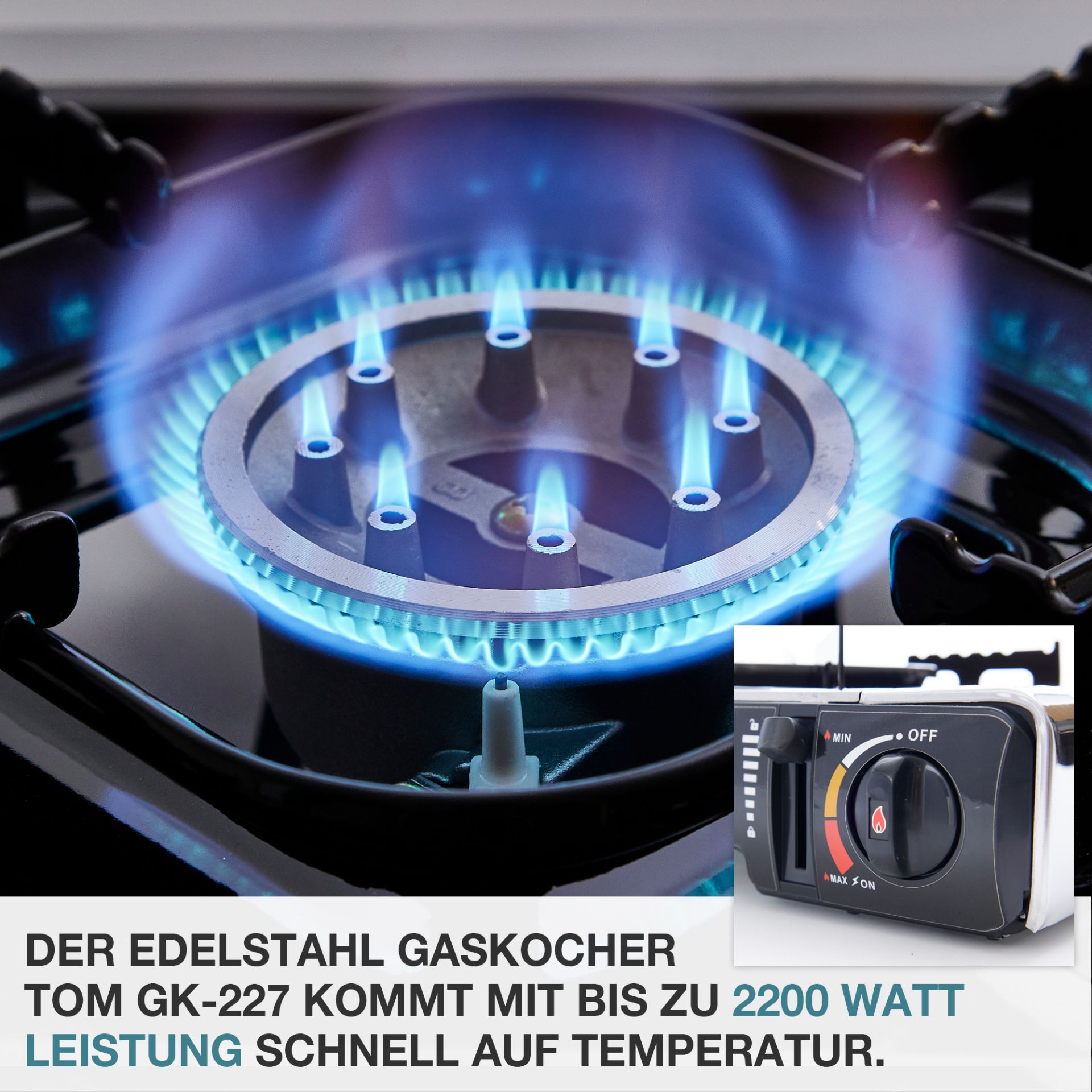 TOM Gaskocher - GK-227 Edelstahl Everest; 2200 Watt Leistung
