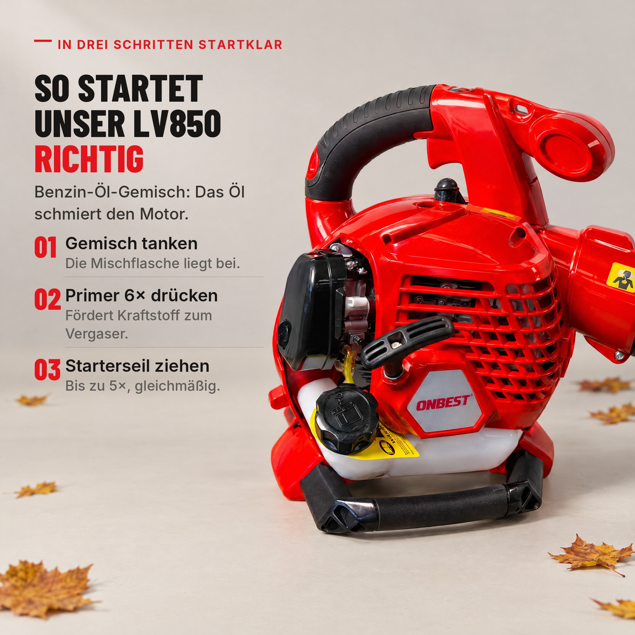 ONBEST LV850 starten in drei Schritten: Benzin-Öl-Gemisch, Primer, Starterseil (Dieses Bild wurde mit Hilfe von KI generiert.)