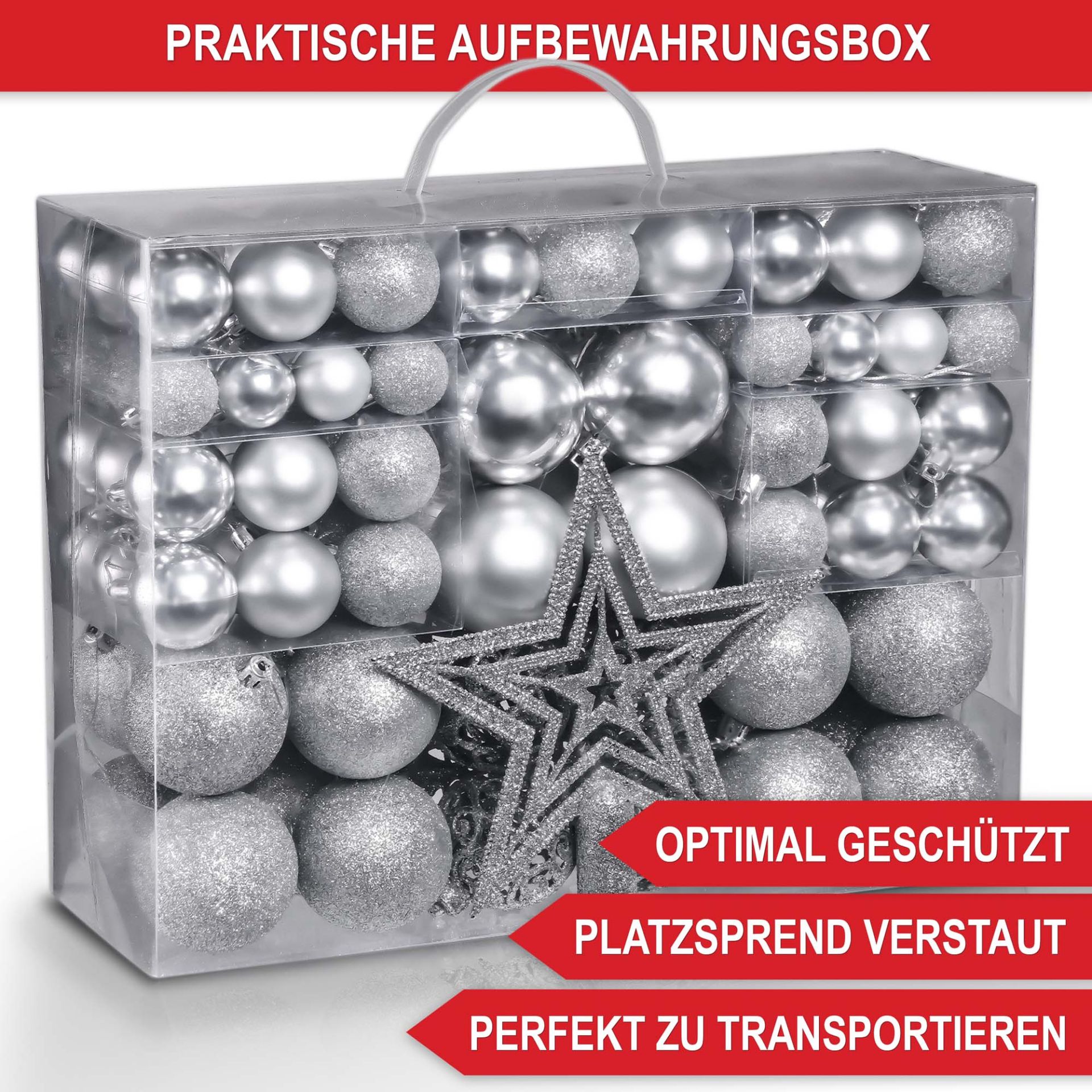 Weihnachtskugeln silber - Praktische Aufbewahrungsbox, optimal geschützt, platzsparend verstaut, perfekt transportieren