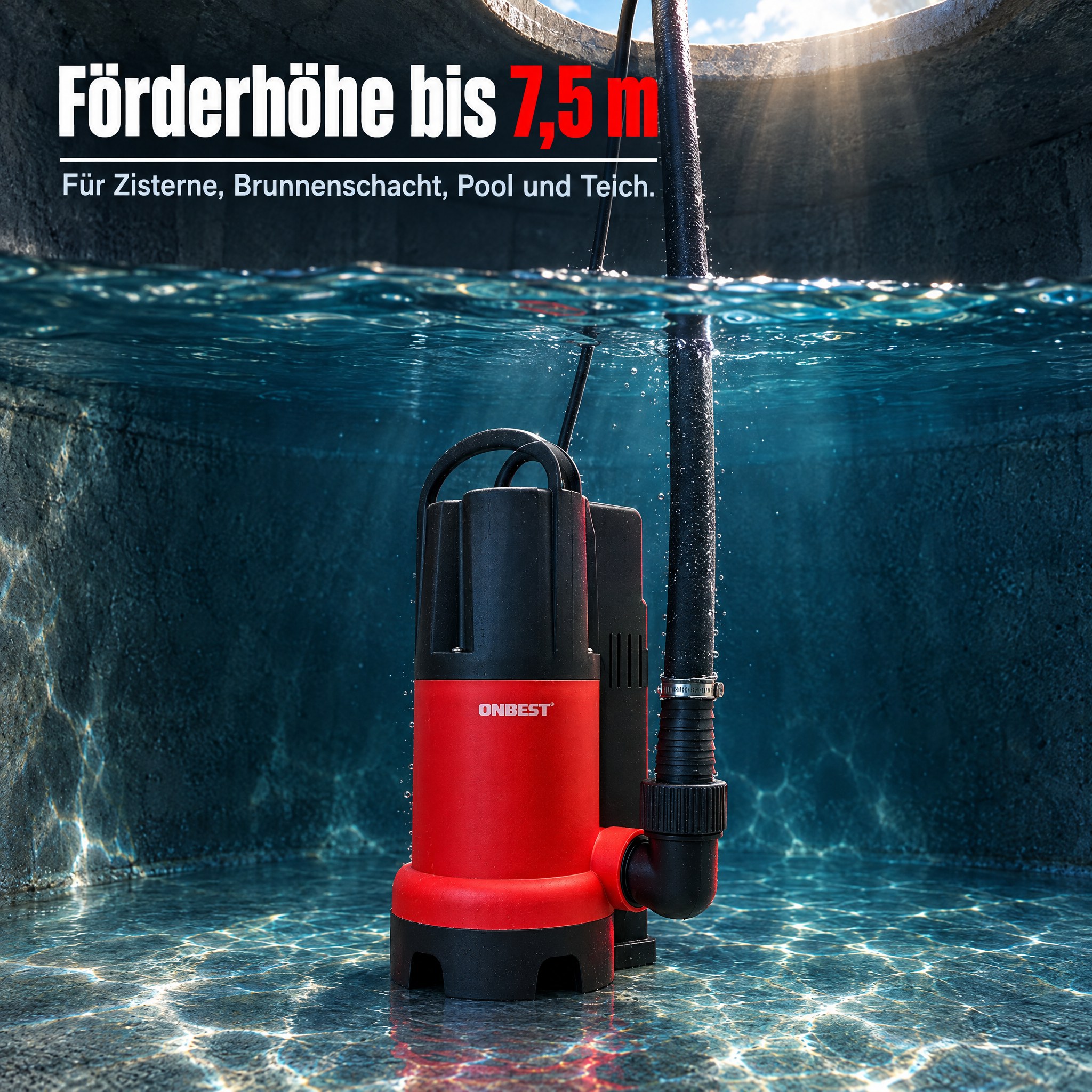 Tauchpumpe Förderhöhe: Bis zu 7,5 m für Zisterne, Brunnenschacht und Pool (Dieses Bild wurde mit Hilfe von KI generiert.)