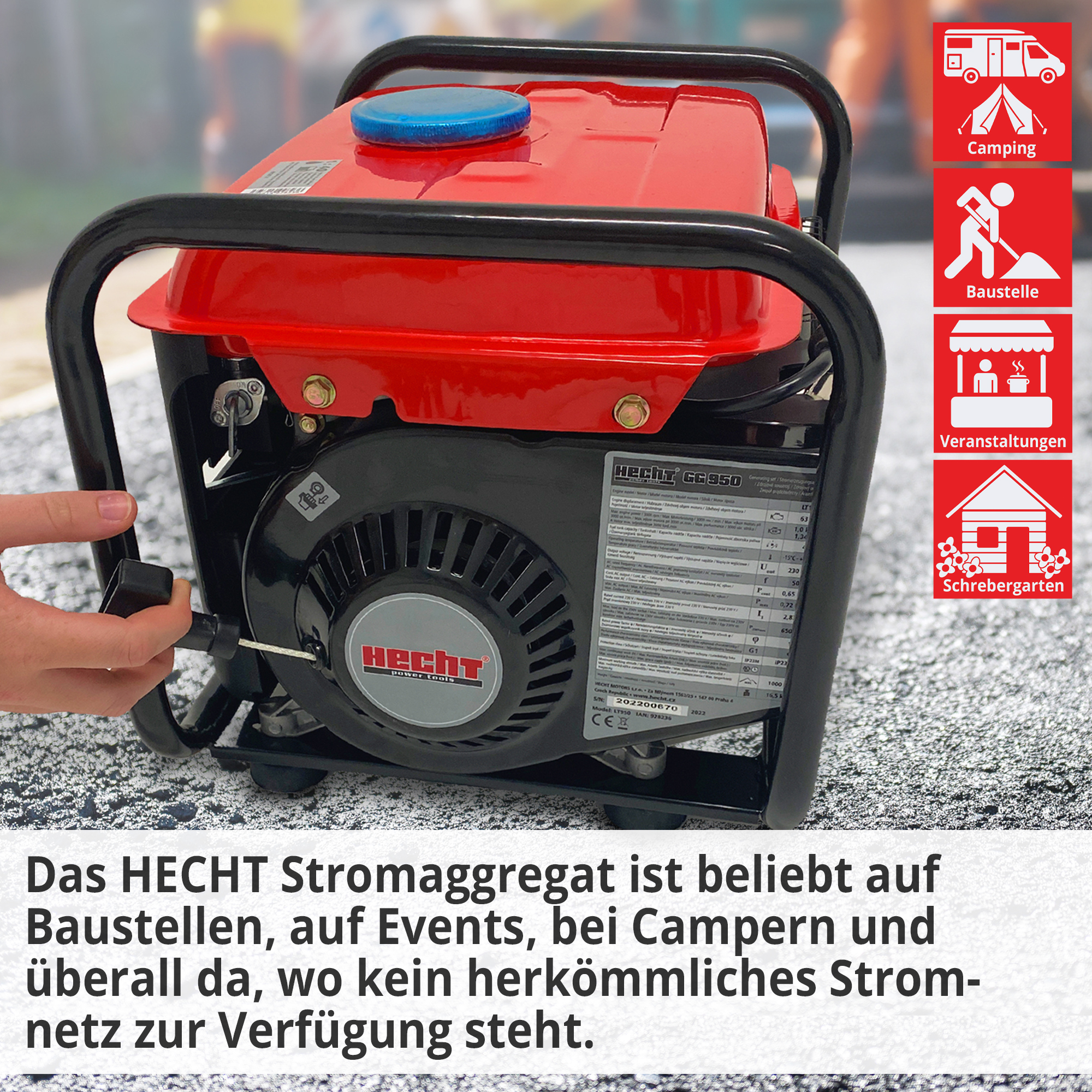 Hecht GG 950 Notstromaggregat 2 Takt Gerät ist beliebt auf Baustellen, auf Events, bei Campern und überall da, wo kein herkömmliches Stromnetz zur Verfügung steht