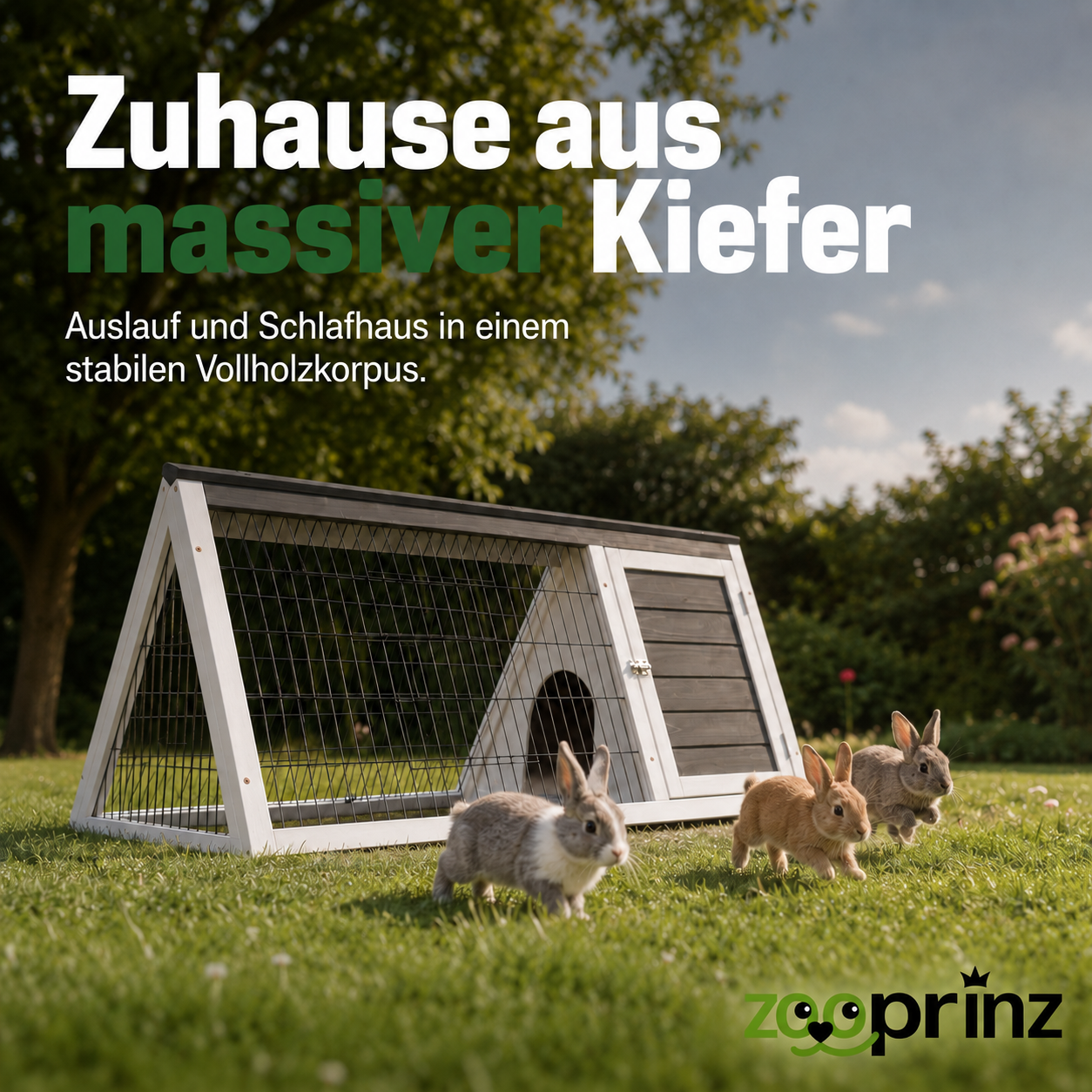zooprinz Hasenstall aus massiver Kiefer mit Auslauf und Schlafhaus