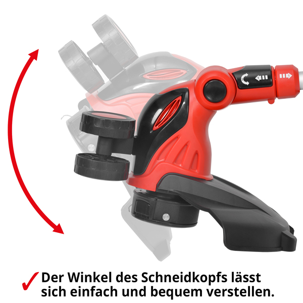 Akku Rasentrimmer; Der Winkel des Schneidekopfs lässt sich einfach und bequem verstellen
