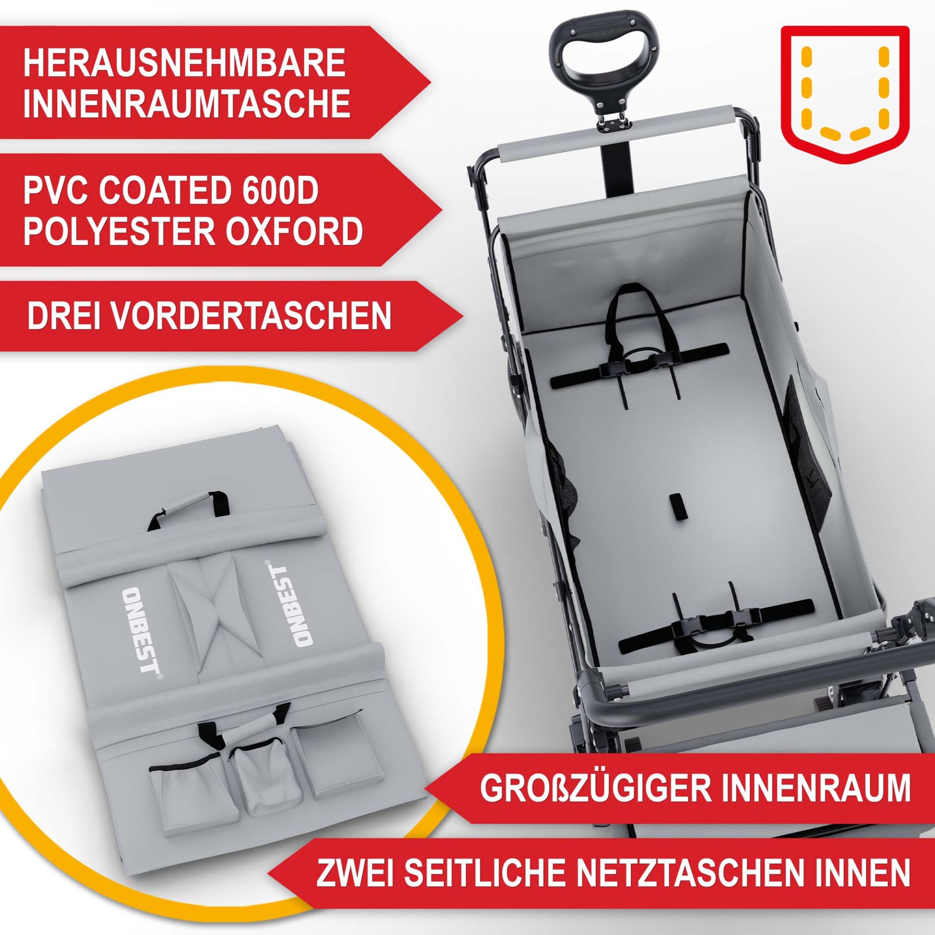 Bollerwagen mit Dach grau - Herausnehmbare Innenraumtasche, PVC coated 600D Polyester Oxford, 3 Vordertaschen, großzügiger Innenraum, 2 seitliche Netztaschen innen