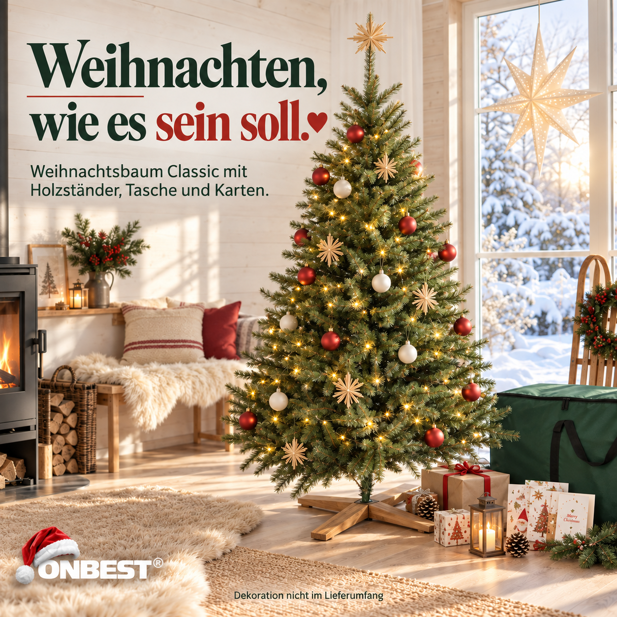 Fakten zum ONBEST Kunstbaum: Europa-Fertigung, schwer entflammbar, Stecksystem (Dieses Bild wurde mit Hilfe von KI generiert.)