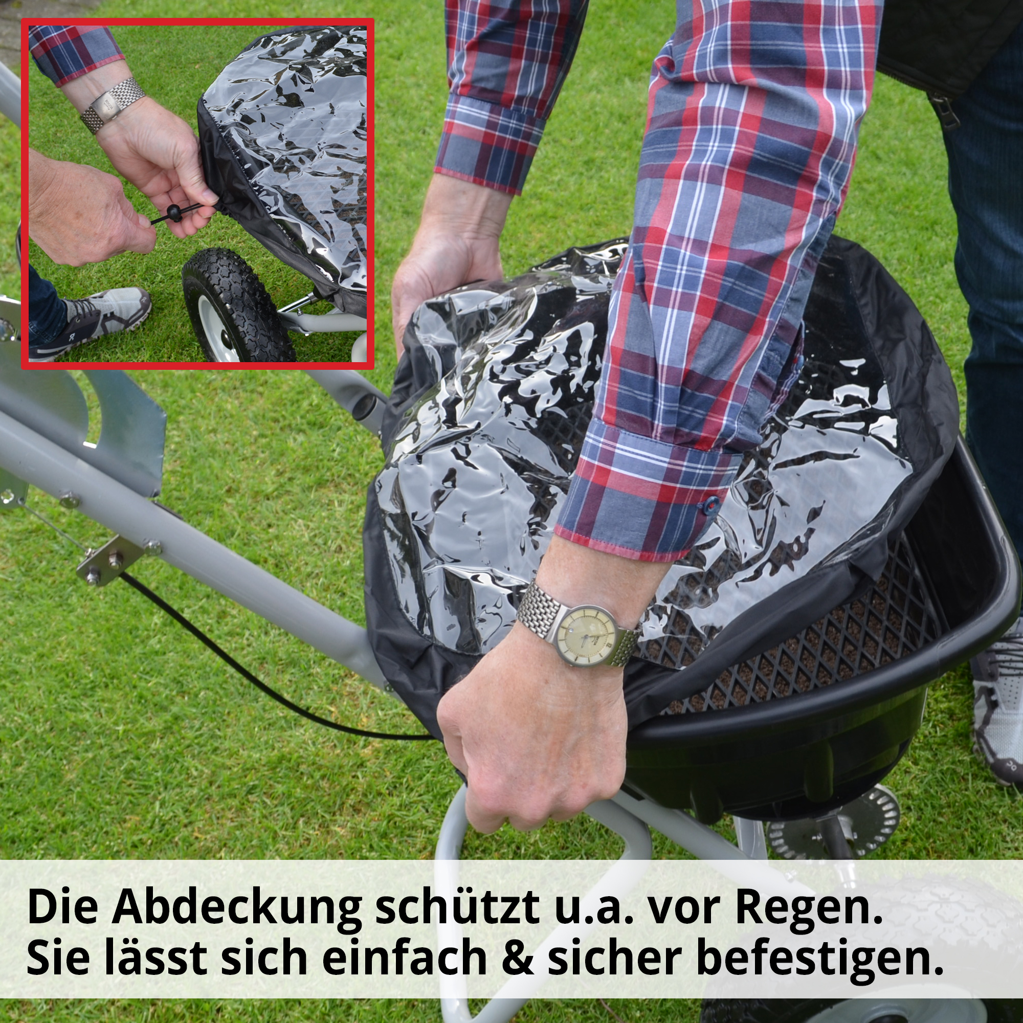 Streuer für Gartenpflege mit Abdeckung und Regen Schutz 
