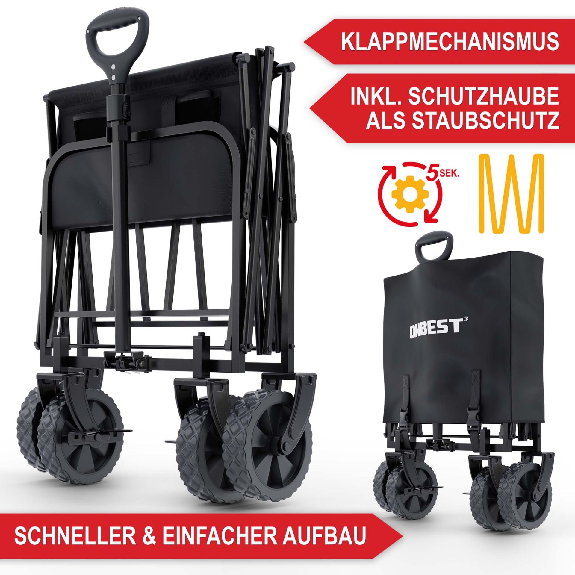 Bollerwagen schwarz - Klappmechanismus, inklusiv Schutzhaube als Staubschutz, schneller und einfacher Aufbau