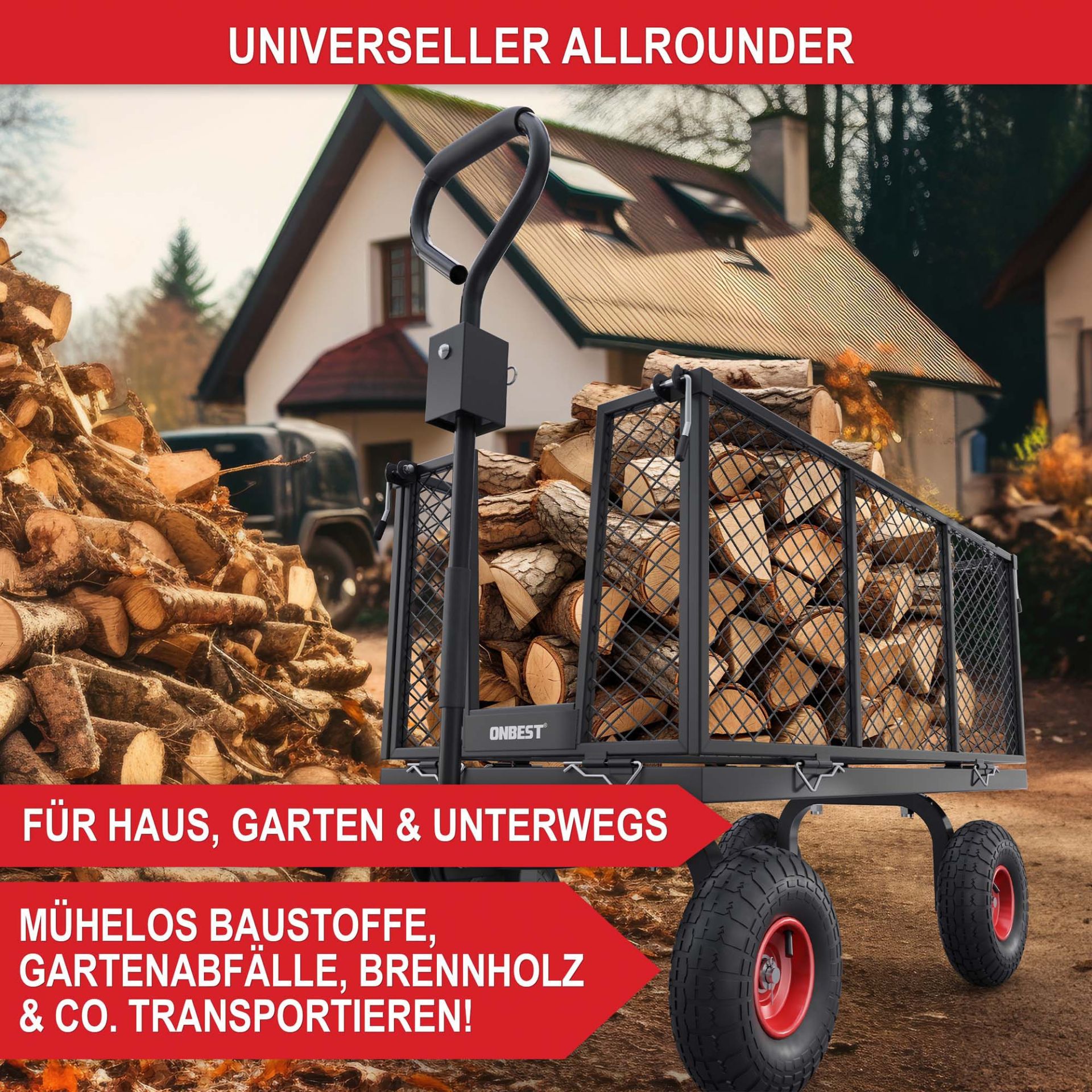 Transportwagen - Universeller Allrounder für Haus, Garten und Unterwegs, mühelos Baustoffe, Gartenabfälle, Brennholz transportieren