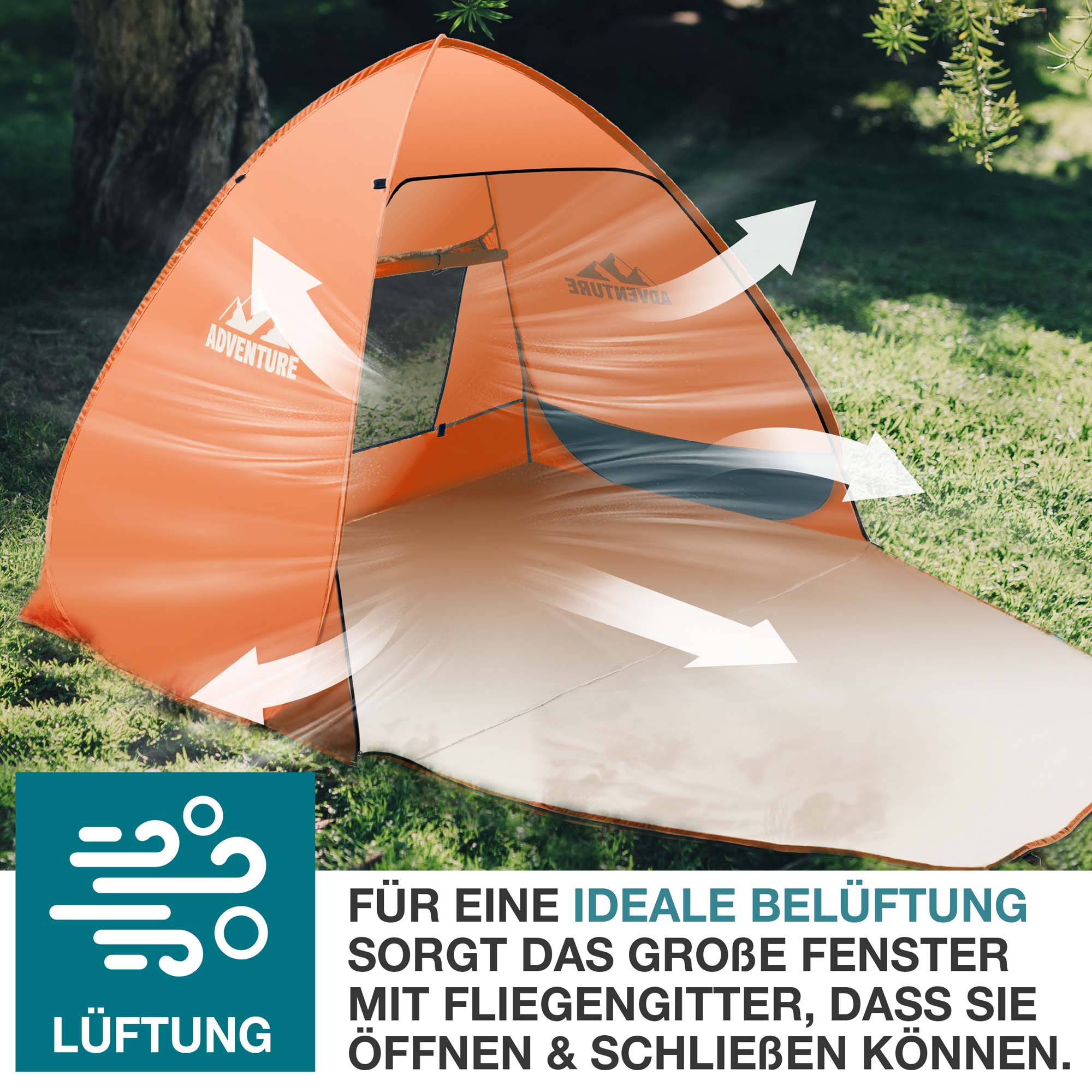 Orange Strandmuschel mit großem Fenster und Fliegengitter für ideale Belüftung dargestellt durch Luftstrom-Pfeile