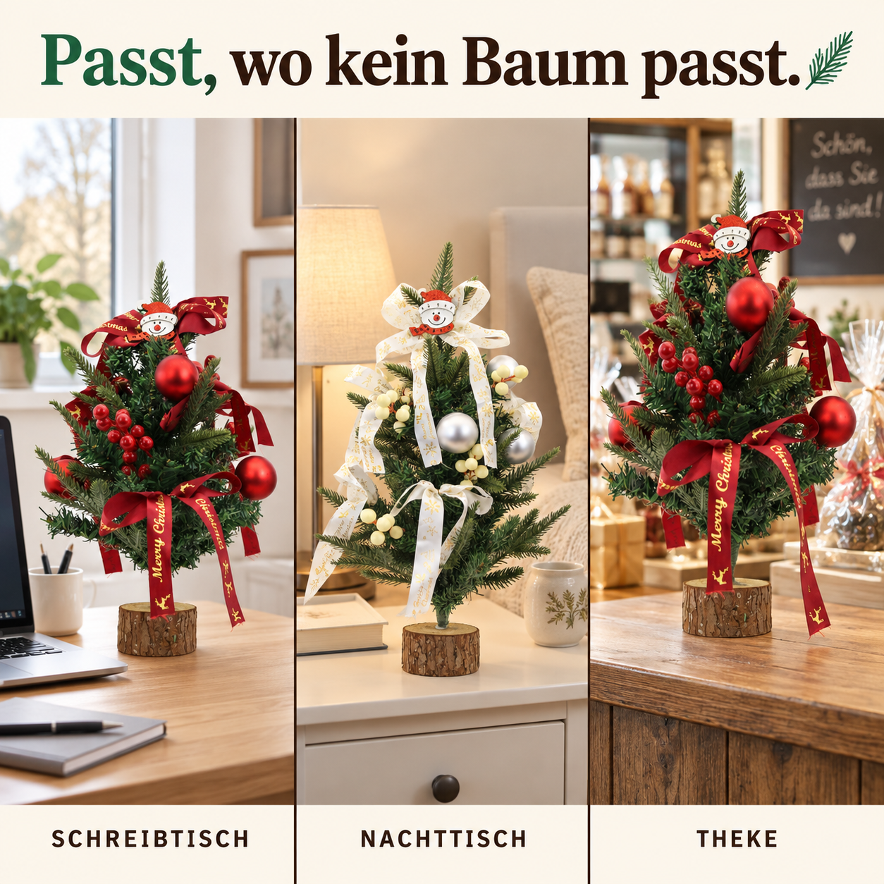 Kompakte Weihnachtsdeko: Tischbaum passt perfekt auf Schreibtisch oder Theke (Dieses Bild wurde mit Hilfe von KI generiert.)