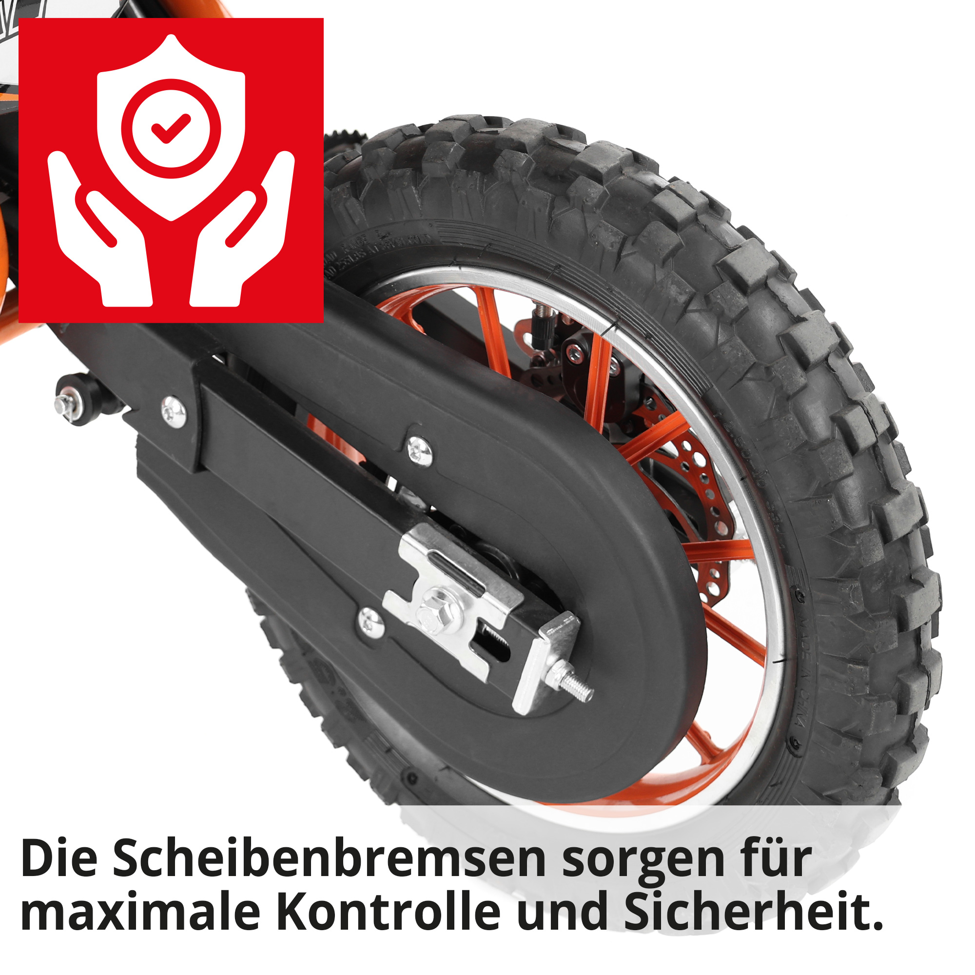 Hinterrad mit Scheibenbremse für hohe Sicherheit beim Elektro Pocketbike