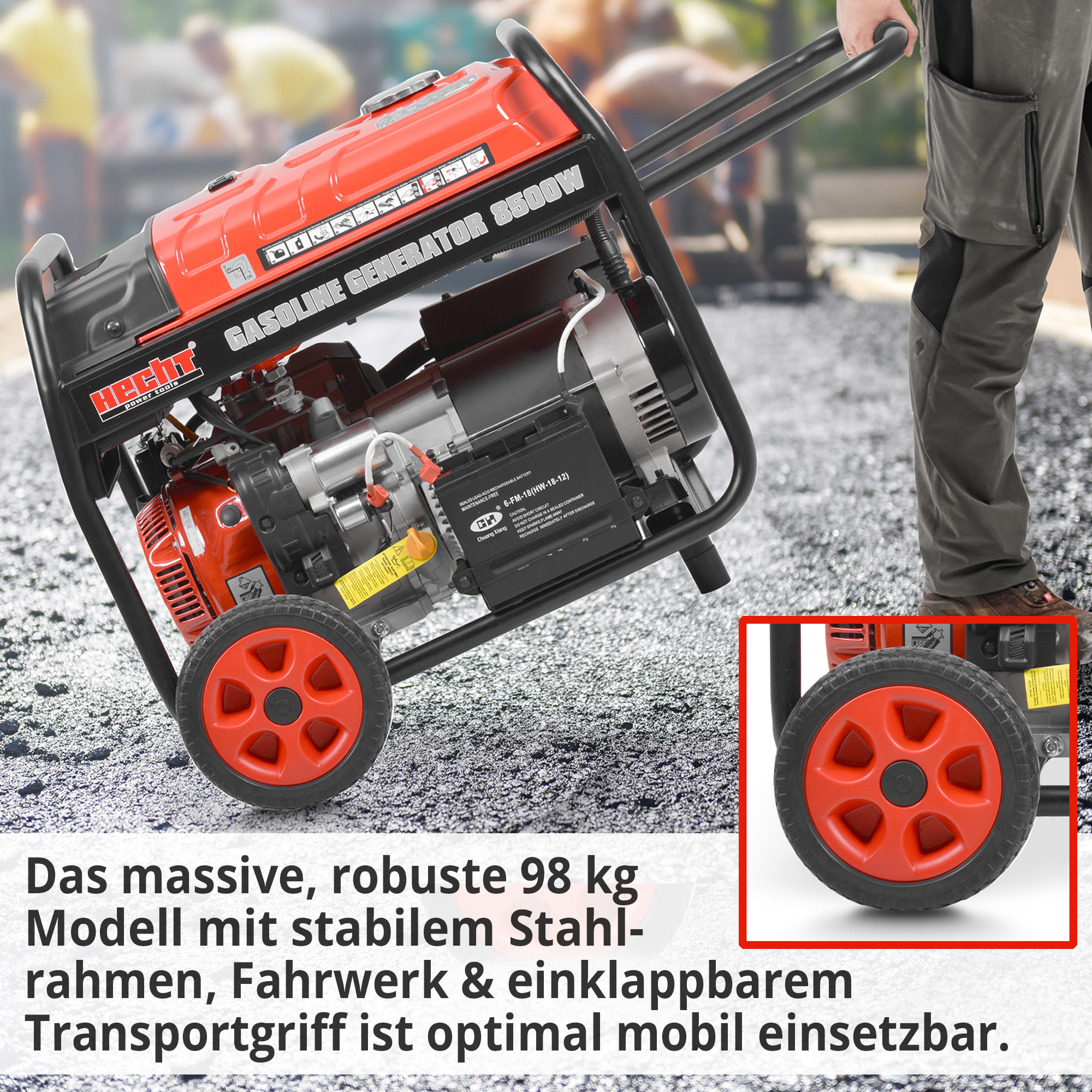 Stromgenerator HECHT mit einklappbarem Transportgriff – mobil trotz 98 kg Gewicht