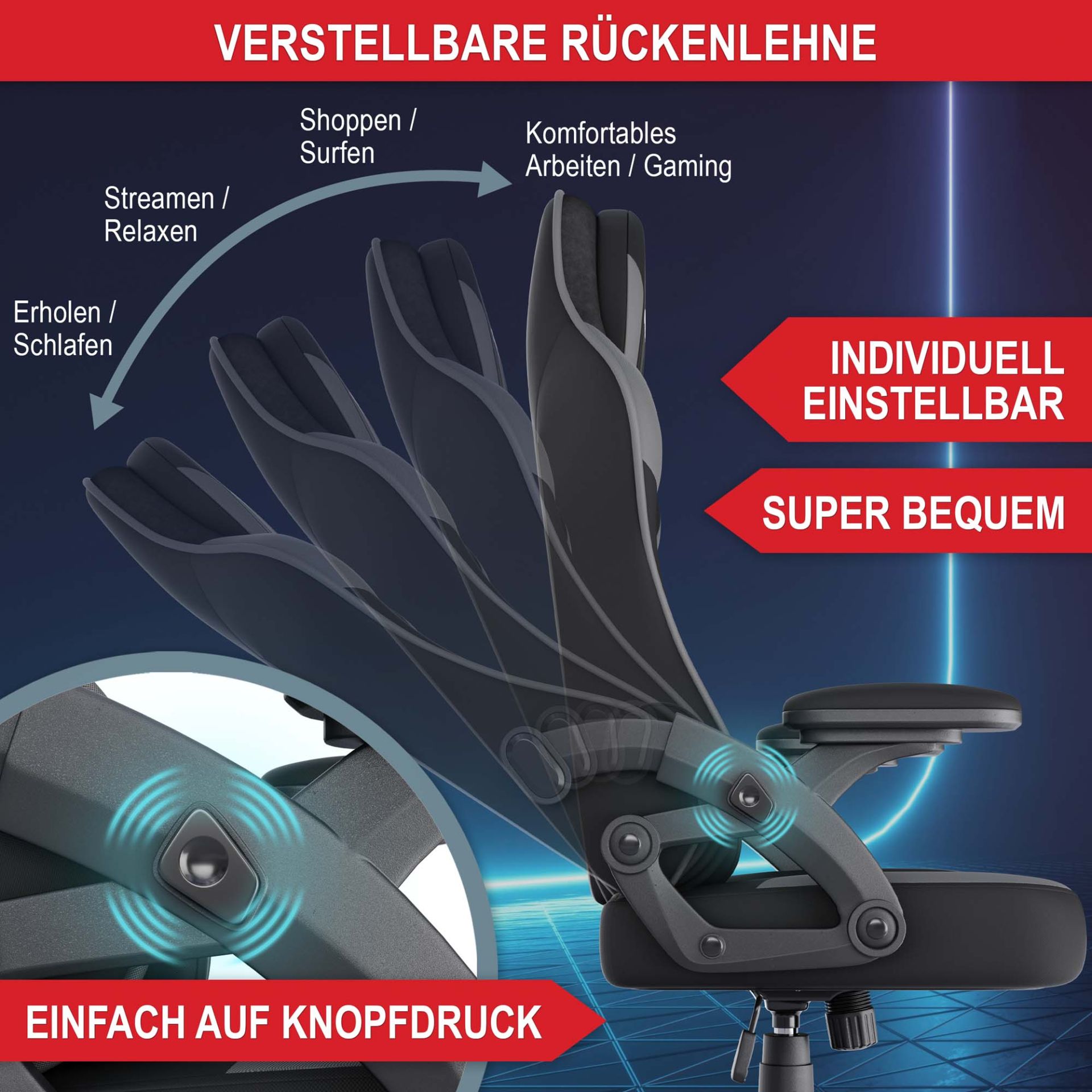Gaming Stuhl schwarz/ grau - Verstellbare Rückenlehne, individuell einstellbar, super bequem, einfach auf Knopfdruck