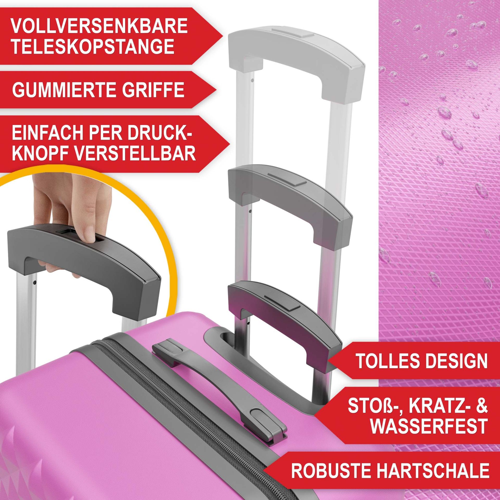 Hartschalenkofferset pink - Vollversenkbare Teleskopstange; gummierte Griffe; einfach per Druckknopf verstellbar; tolles Design; stoß- kratz- und Wasserfest; robuste Hartschale