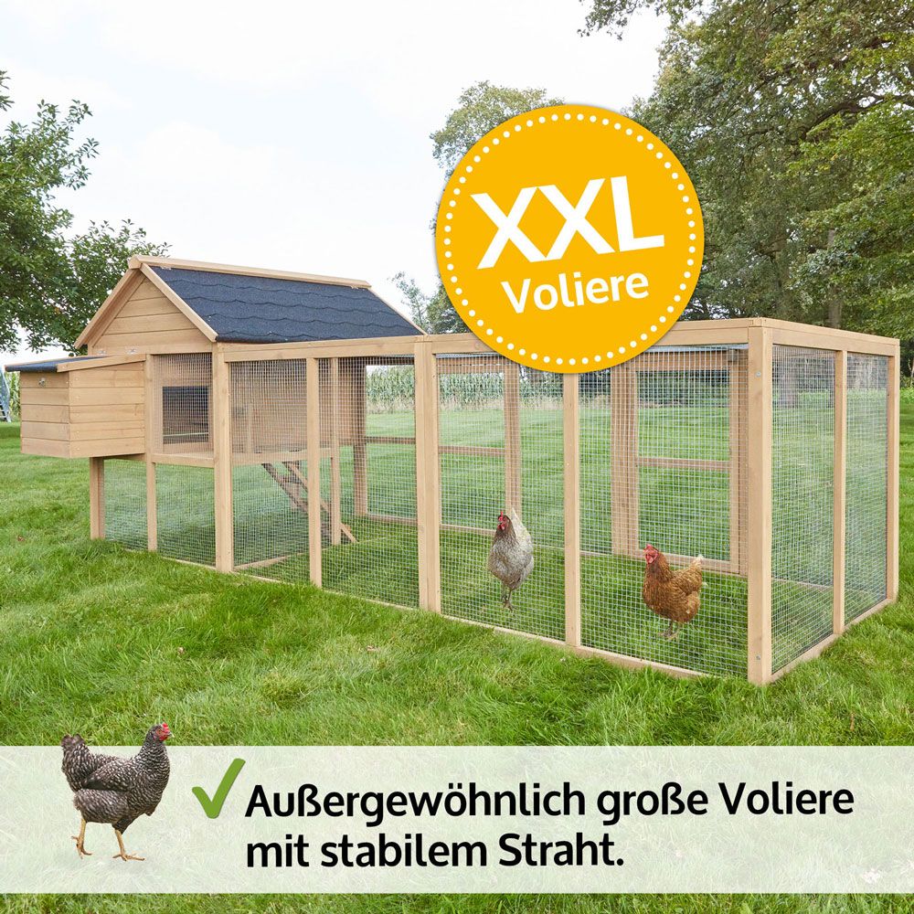 Hühnervoliere Happy Huhn Set; Sehr große Voliere mit stabilem Draht (Dieses Bild wurde mit Hilfe von KI generiert.)
