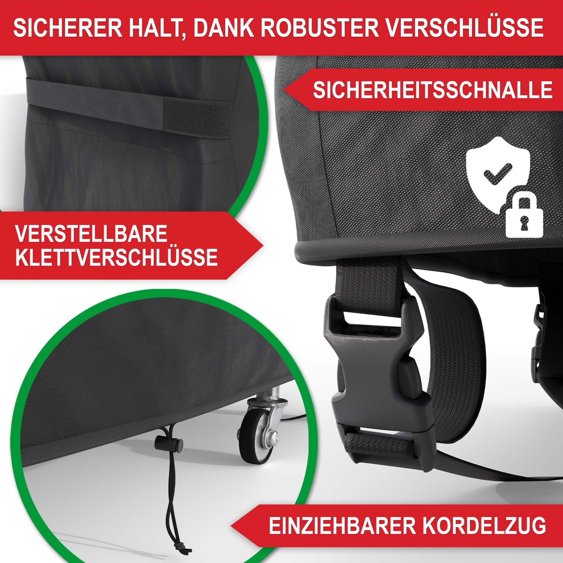Grill Abdeckhaube L - Sicherer Halt, dank robuster Verschlüsse, Sicherheitsschnalle, verstellbare Klettverschlüsse