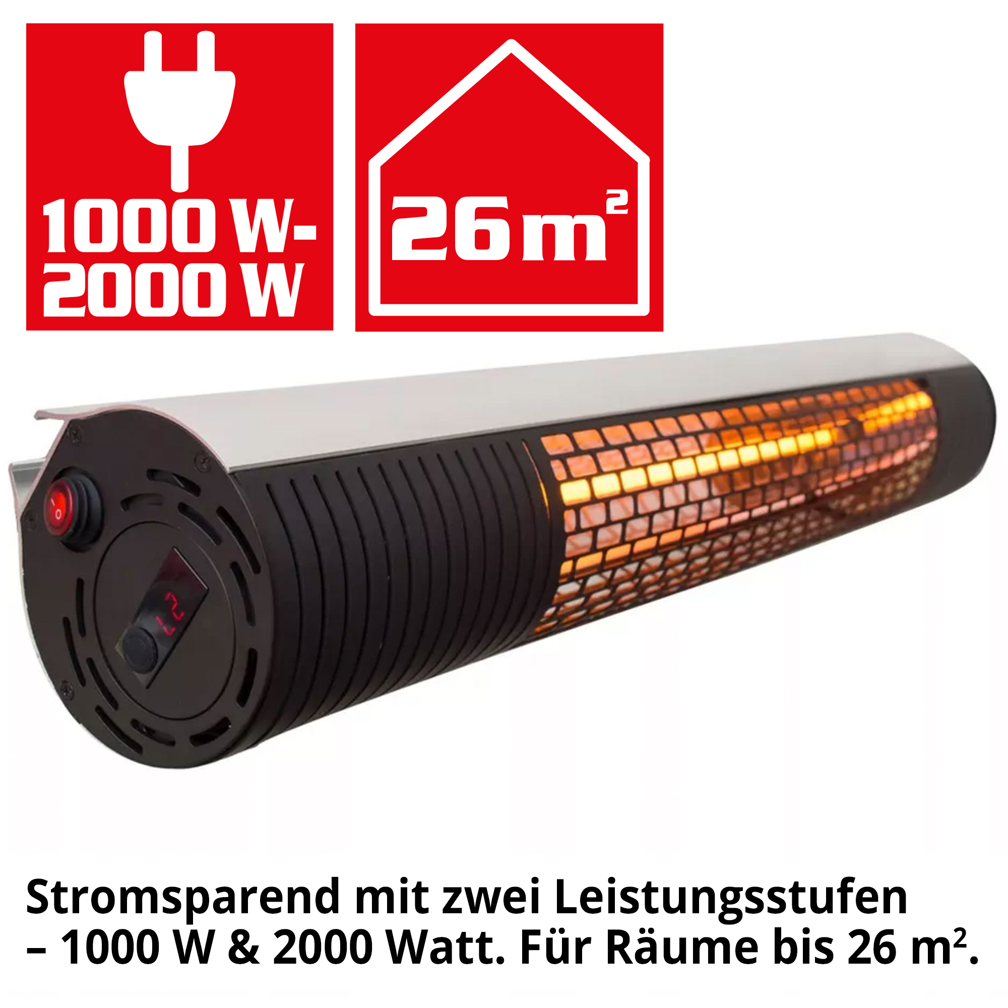 Infrarot Heizstrahler; Zwei Leistungsstufen: 1000 und 2000 Watt für Räume bis 26 Quadratmeter