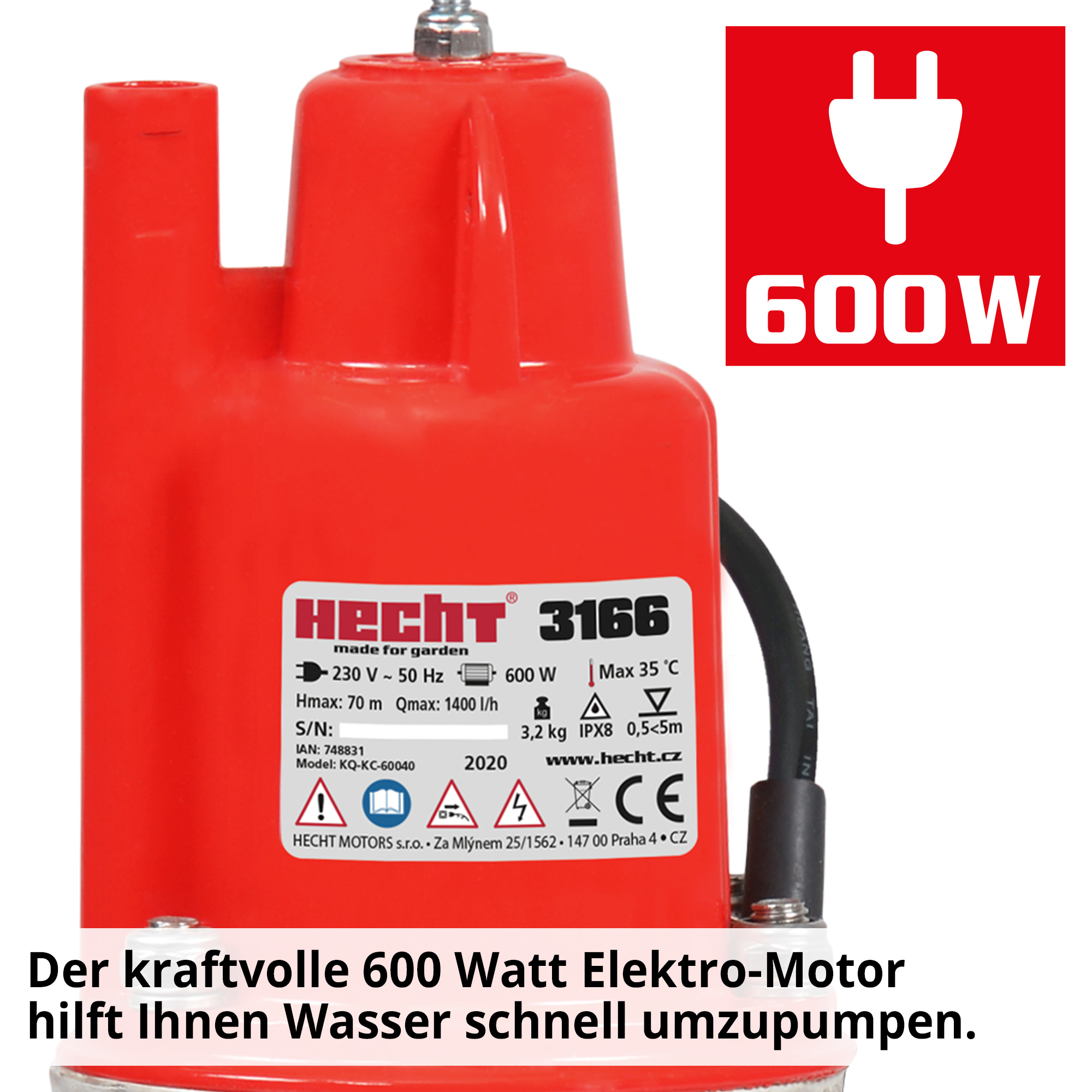 Hecht 3166 Membranpumpe; Der kraftvolle Elektro-Motor hilft Ihnen Wasser schnell umzupumpen