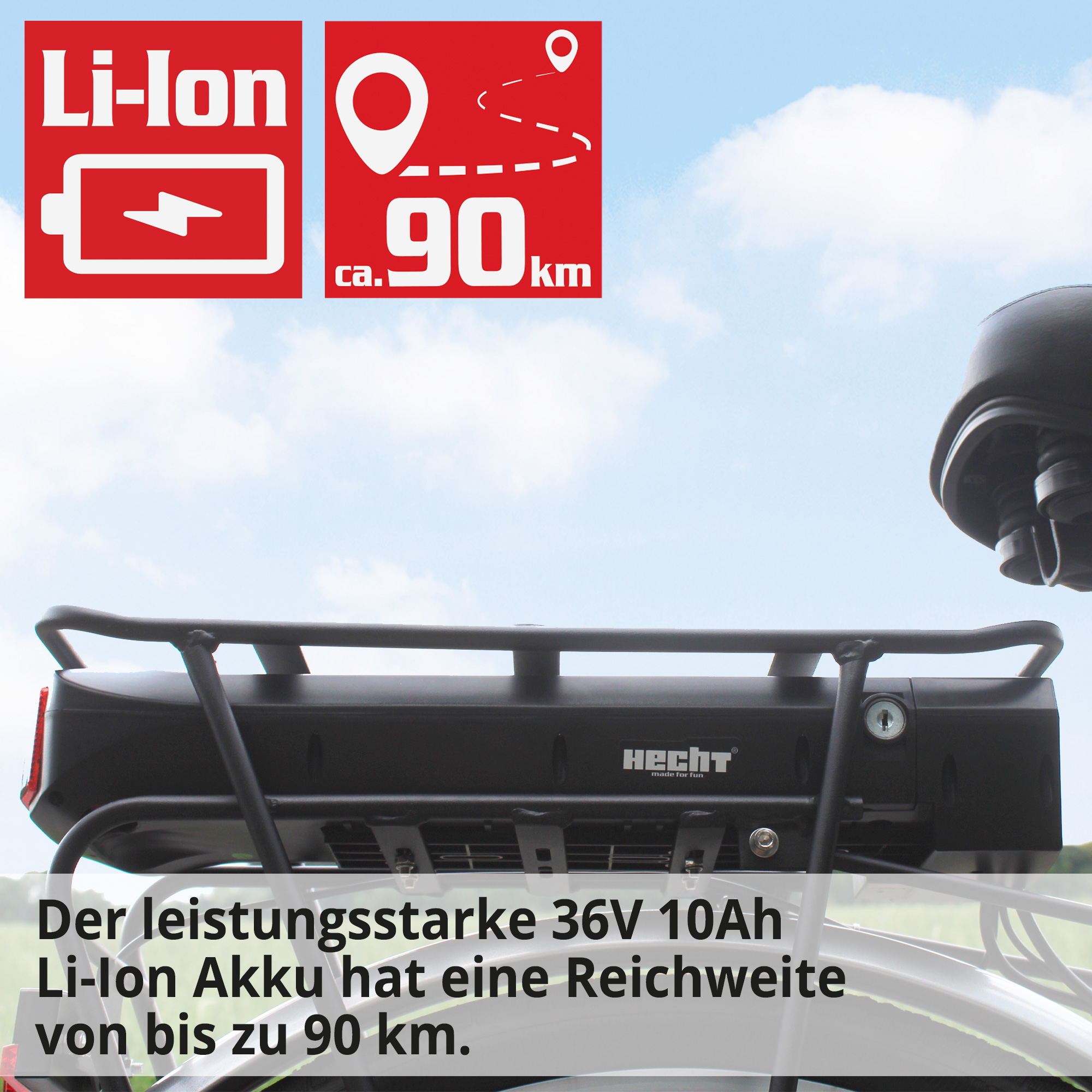 E-Bike Akku 36V 10Ah mit 90 km Reichweite im Gepäckträger integriert