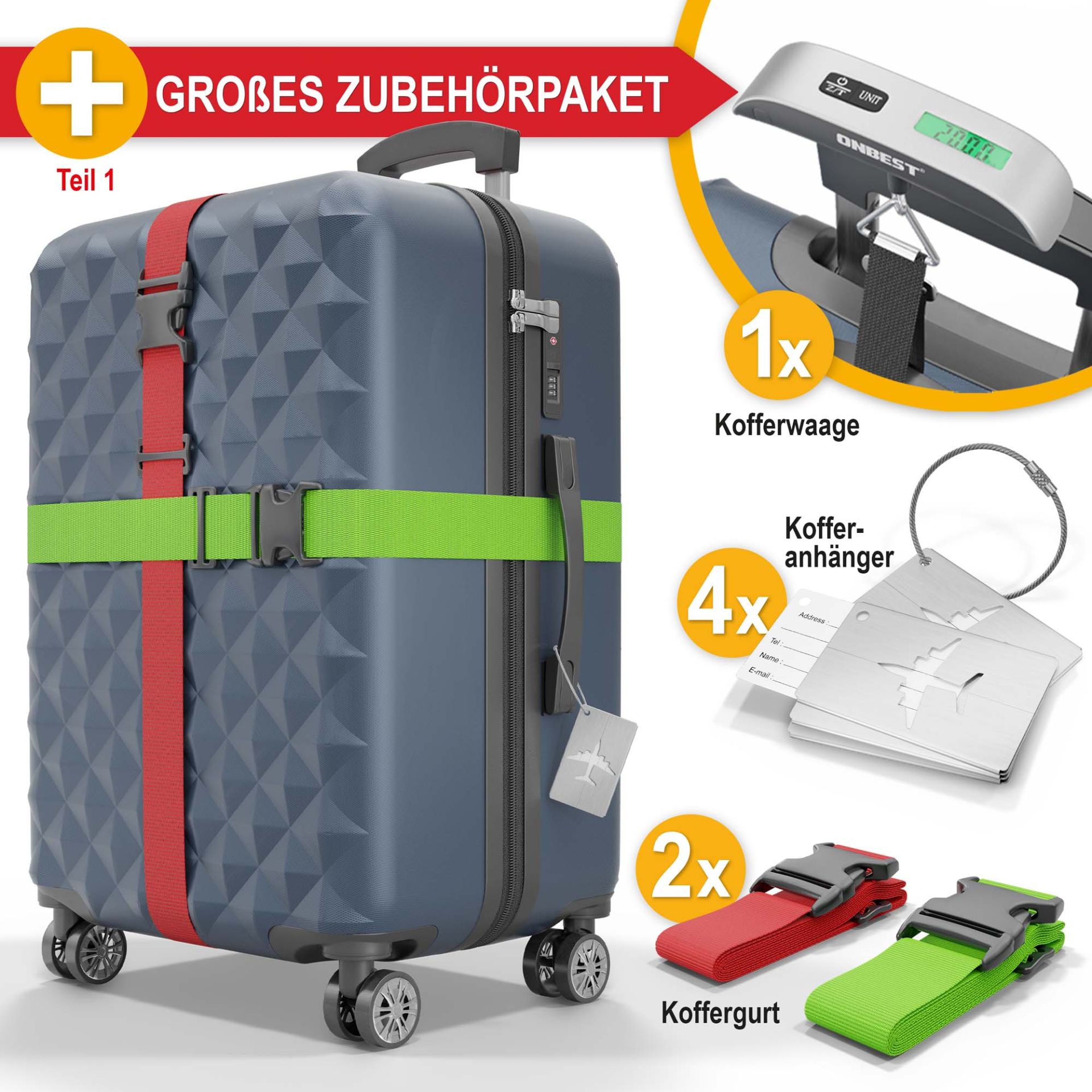 Hartschalenkofferset dunkel blau - Inklusive großem Zubehörpaket; 1 Kofferwaage; 4 Kofferanhänger; 2 Koffergurte